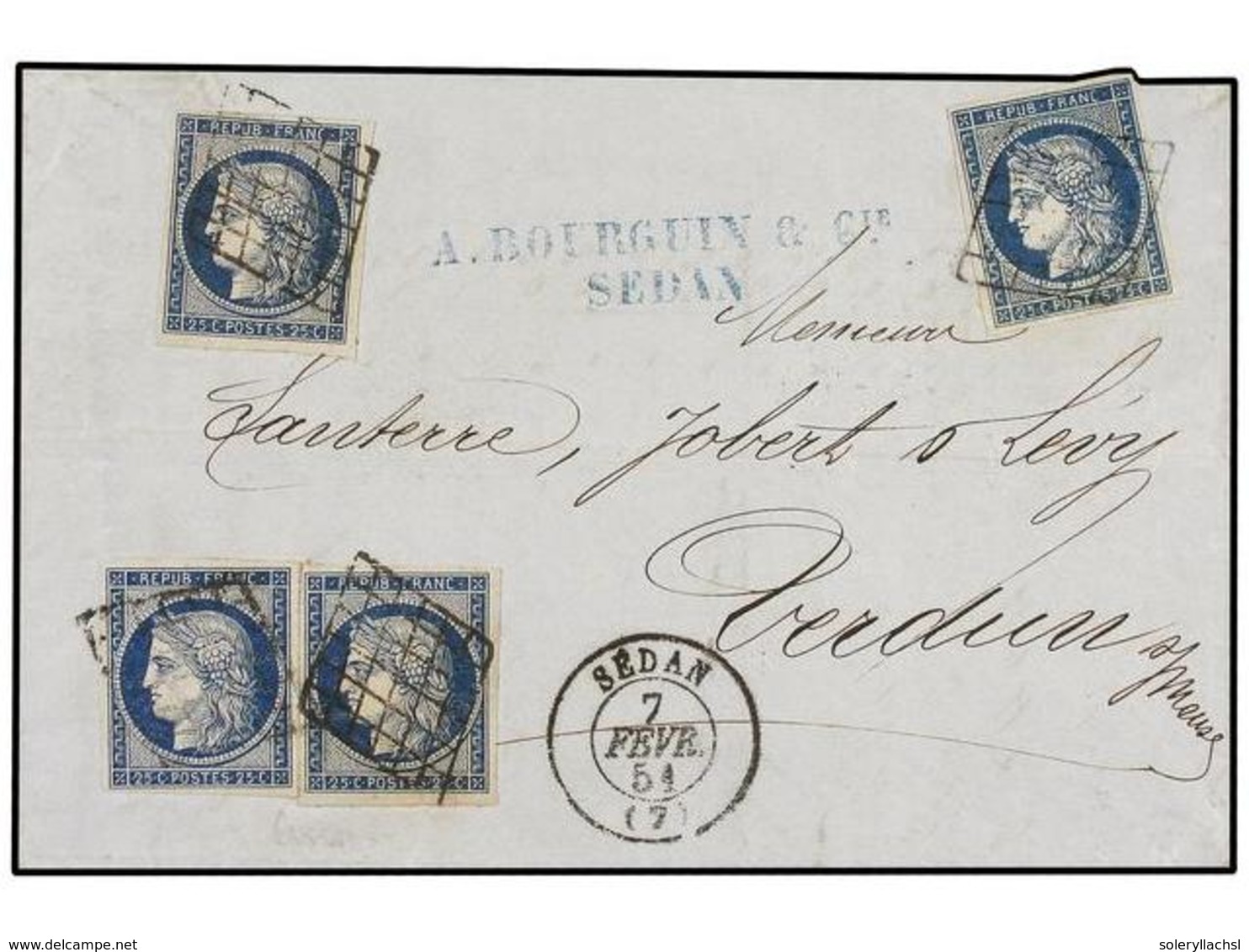 FRANCIA. Yv.4 (4). 1851. SEDAN A VERDUN. 25 Cts. Azul (4). Magnífico Franqueo De 4 Portes. Excelente Presencia. - Andere & Zonder Classificatie