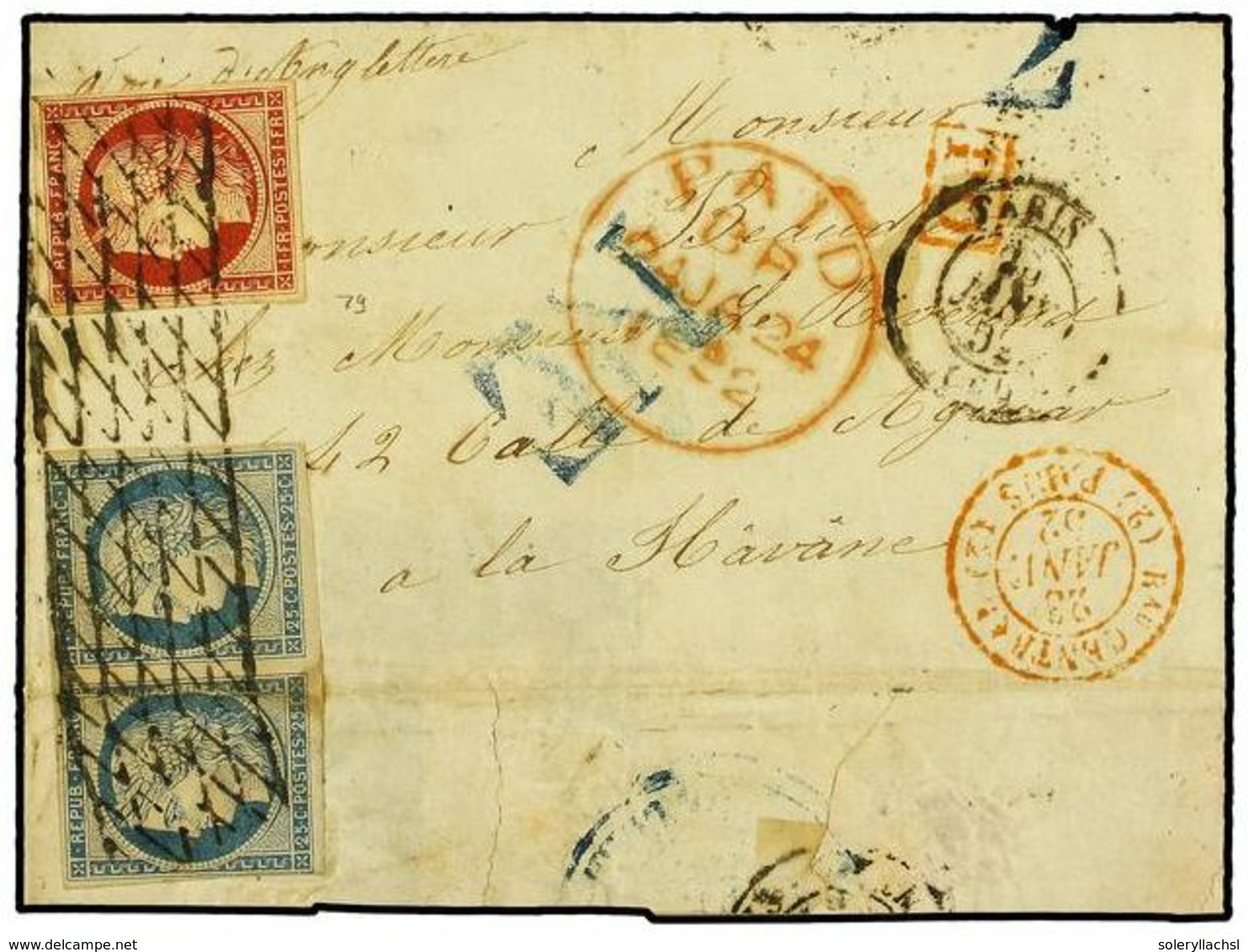 FRANCIA. 1852 (Jan 23). Cover To HAVANA (Cuba), Opened For Better Exhibit Display, Mailed From PARIS Via London (Jan 24) - Altri & Non Classificati