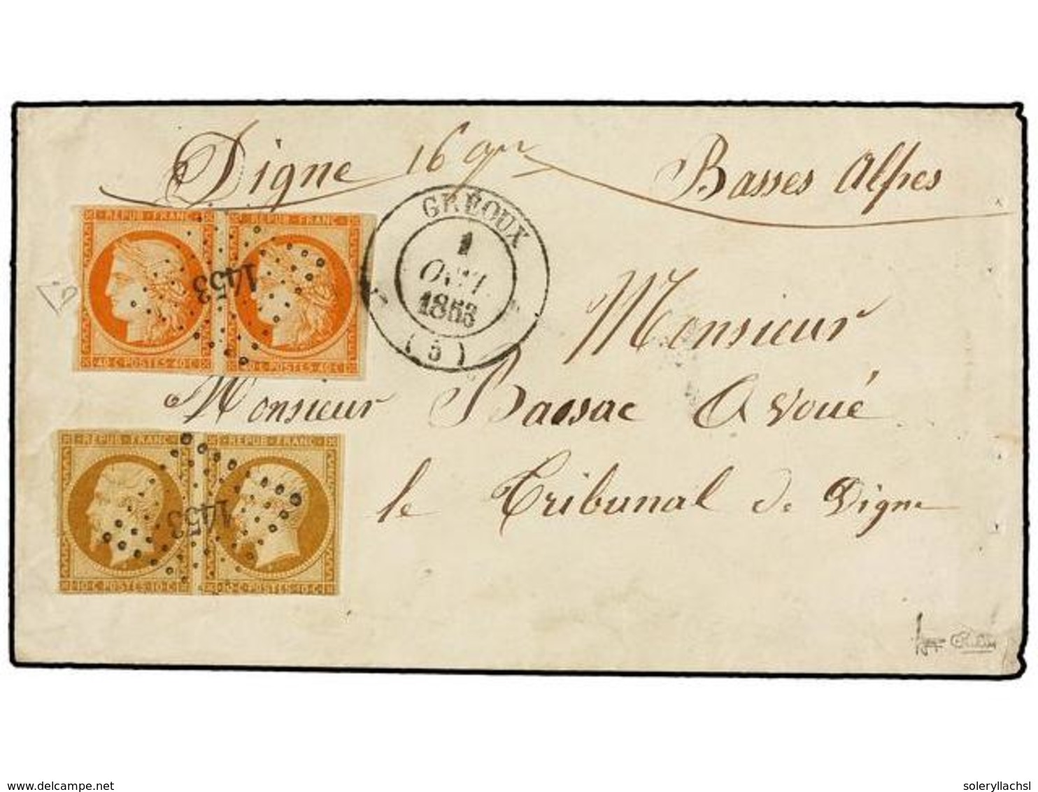 FRANCIA. Yv.5 (2), 9 (2). 1853. GREOUX A DIGNE. 10 Cts. Bistre Pareja Y 40 Cts. Naranja Pareja, Márgenes Cortos. Mat. Ro - Autres & Non Classés