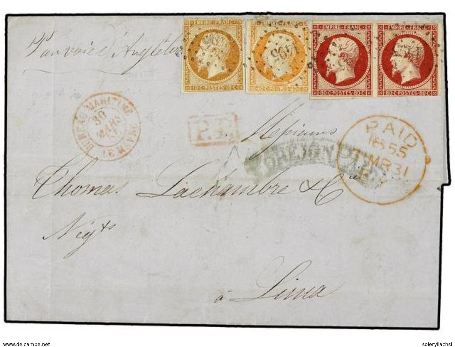 FRANCIA. 1855 (30 Marzo). HAVRE A LIMA. 10 Cts. Bistre, 40 Cts. Naranja Y 80 Cts. Carmín (2) Porte De 2,10 Fr., Marca FO - Andere & Zonder Classificatie