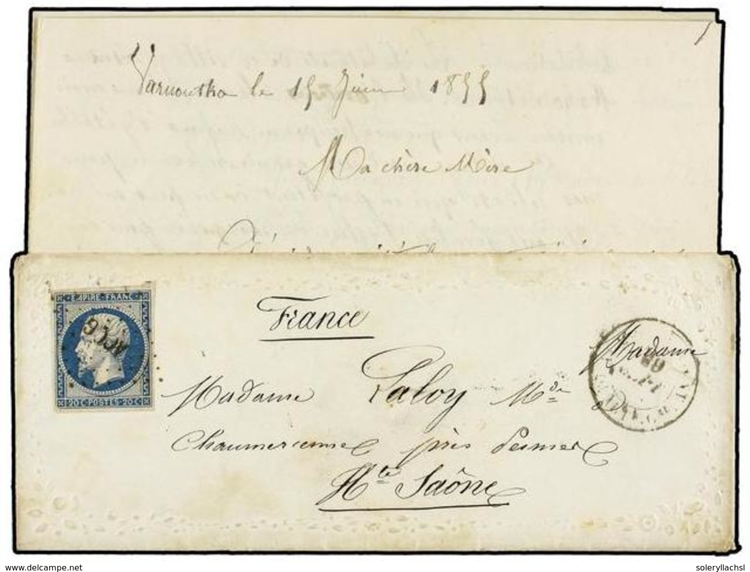 FRANCIA. 1855 (June 9). CRIMEAN WAR. Ladies's Embossed Envelope With Complete Original Contents Sent To FRANCE From VARN - Andere & Zonder Classificatie