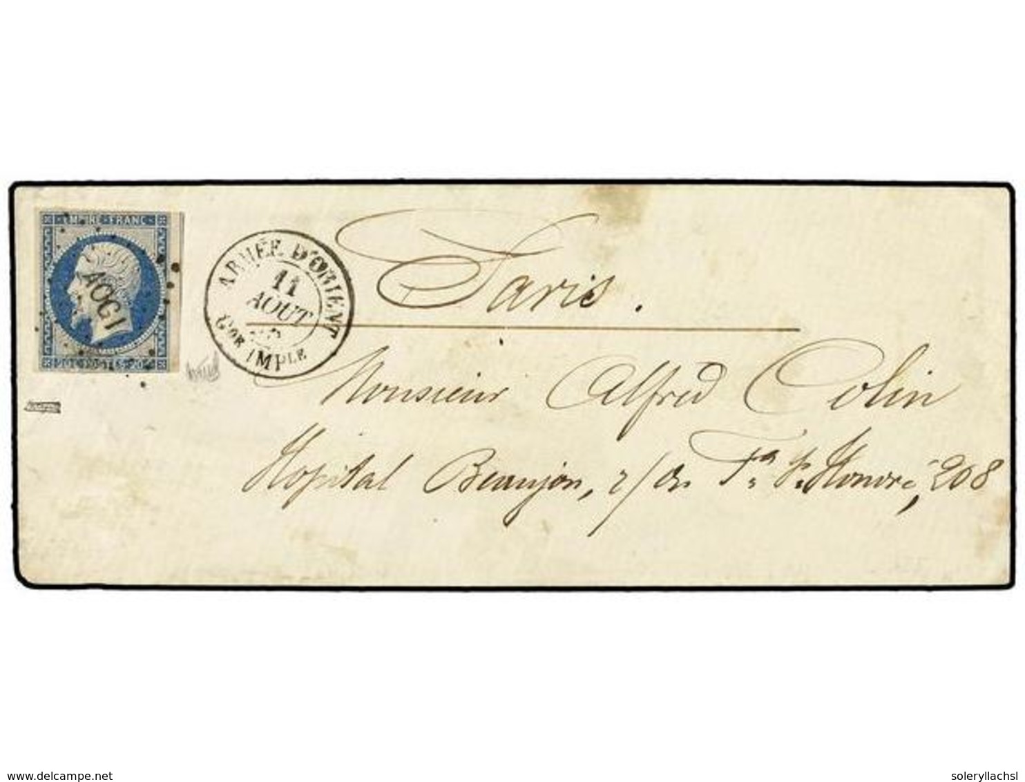 FRANCIA. 1855. CRIMEAN WAR. Cover To PARIS At Military Concession Rate, Franked By 1853 20c. Blue, Tied By Bold AOGI Loz - Autres & Non Classés