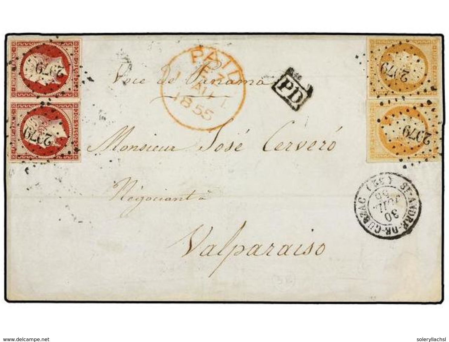 FRANCIA. Yv.13, 16, 17 (2). 1855. ST.ANDRE DE CUBZAC A VALPARAISO (Chile). 10 Cts. Bistre, 40 Cts. Naranja Y 80 Cts. Car - Sonstige & Ohne Zuordnung