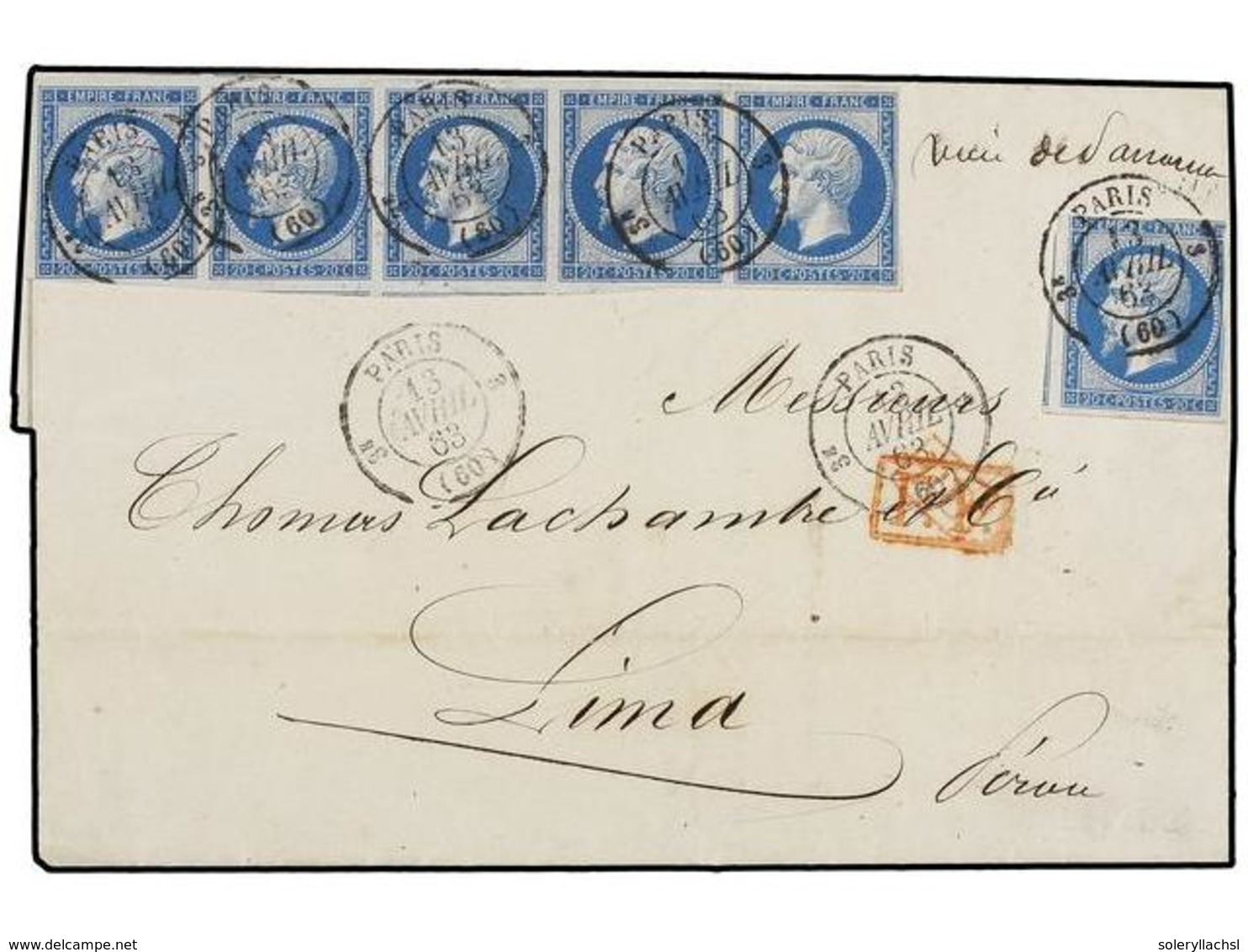 FRANCIA. Yv.14B (6). 1863. PARÍS A LIMA. 20 Cts. Azul, Sello Suelto (margen Corto) Y Tira De Cinco (márgenes Completos), - Altri & Non Classificati