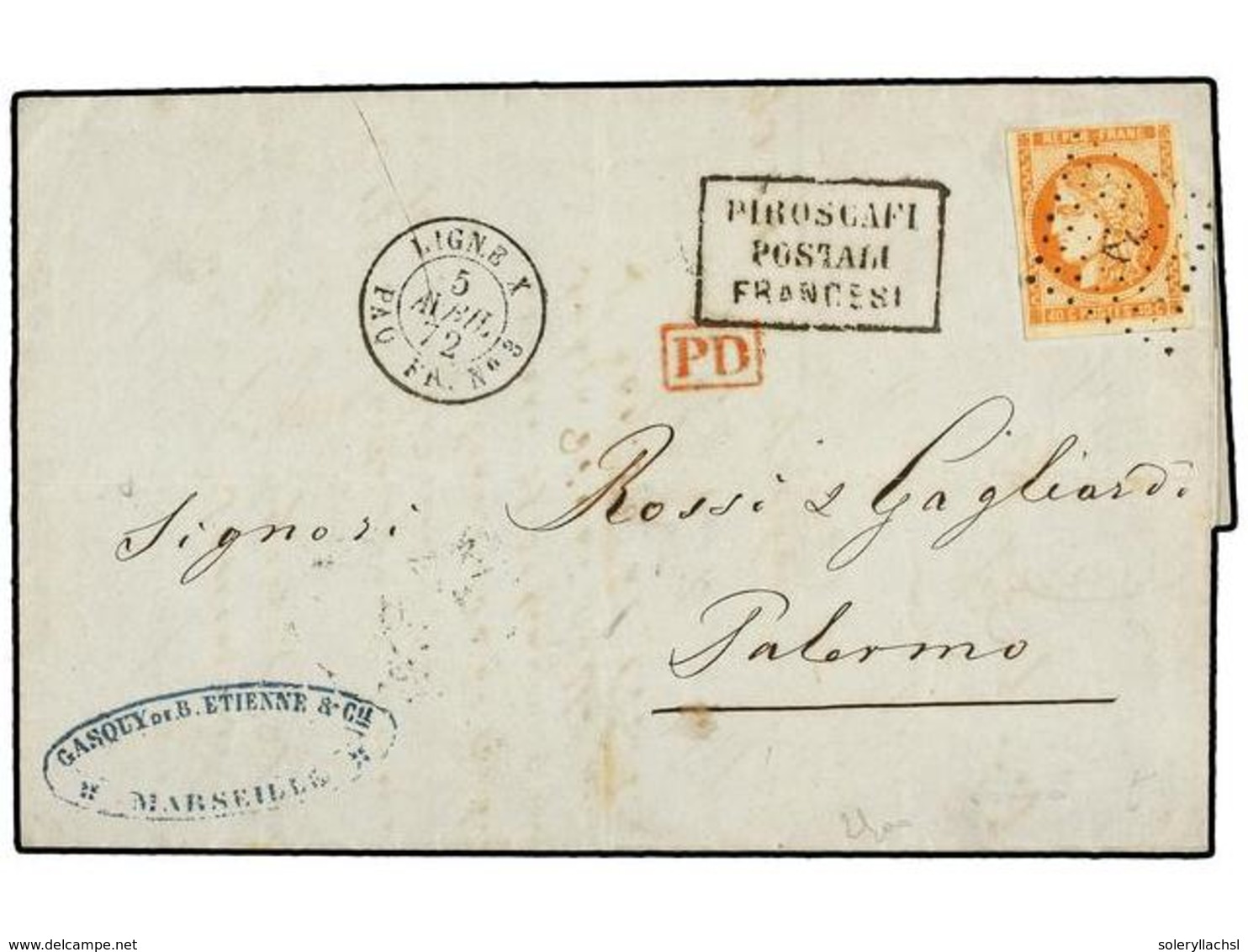 FRANCIA. Yv.48. 1872. MARSELLA A PALERMO. 40 Cts. Naranja, Mat. ANCLA, Fechador LIGNE X/PAQ. FR. Nº 3 Y PIROSCAFI/POSTAL - Altri & Non Classificati