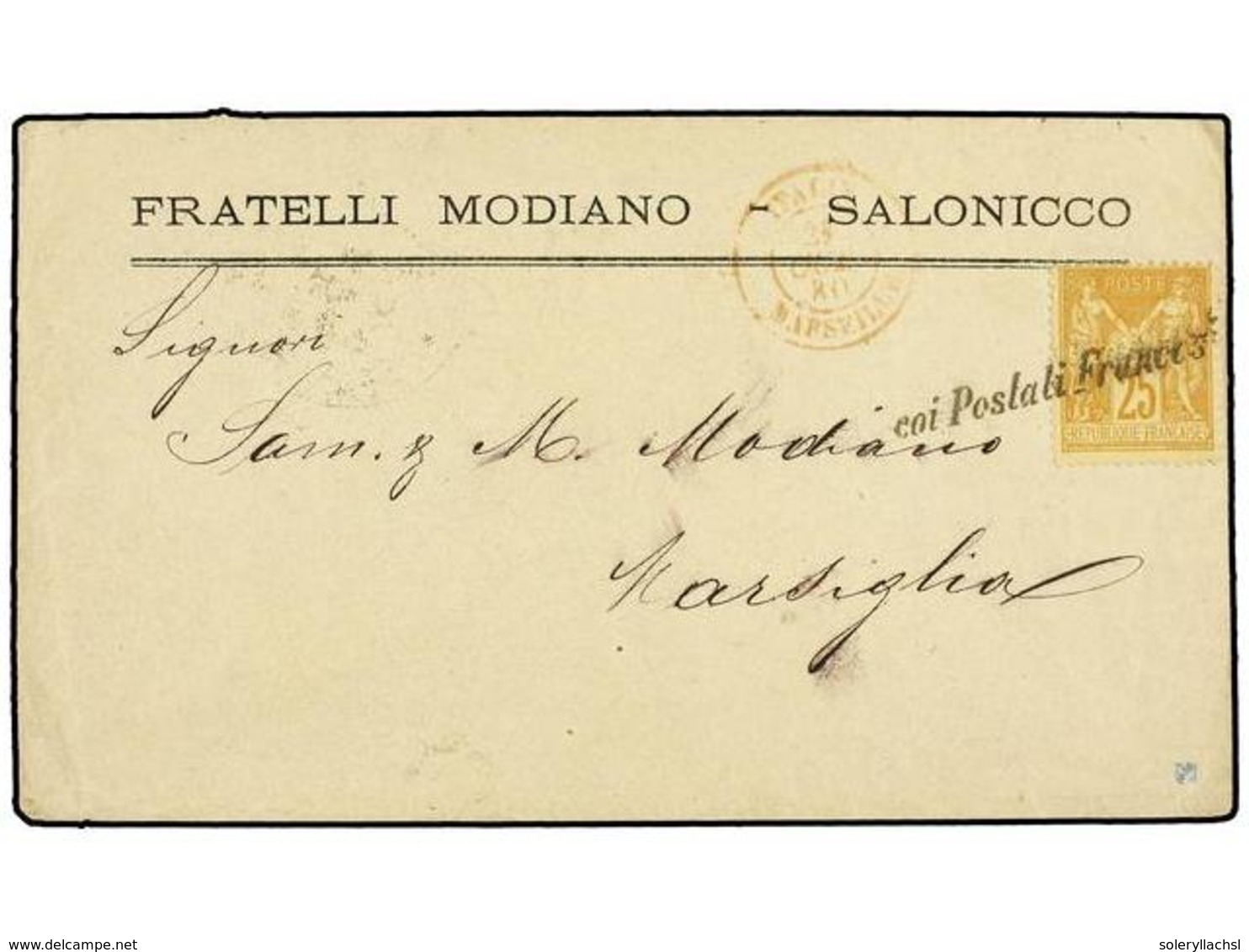 FRANCIA. 1880. SALONICA (Grecia) A MARSELLA. 25 Cts. Amarillo, Mat. Lineal COI POSTALI FRANCESI (Salles 932d). Al Dorso  - Andere & Zonder Classificatie