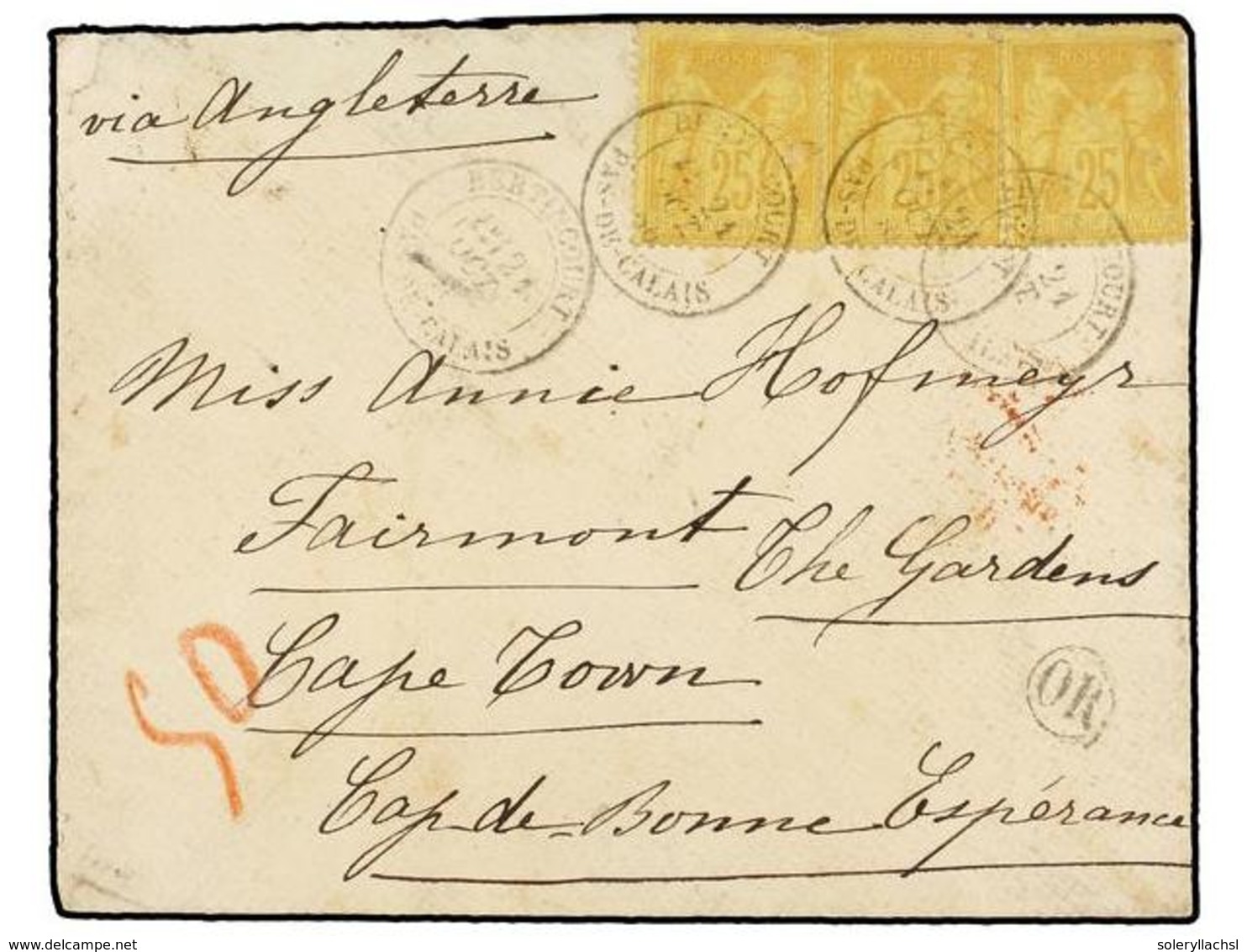 FRANCIA. Yv.92 (3). 1885. BERTANCOURT A CAPE TOWN (Cabo De Buena Esperanza). 25 Cts. Amarillo (3). Rara Destinación, Al  - Andere & Zonder Classificatie