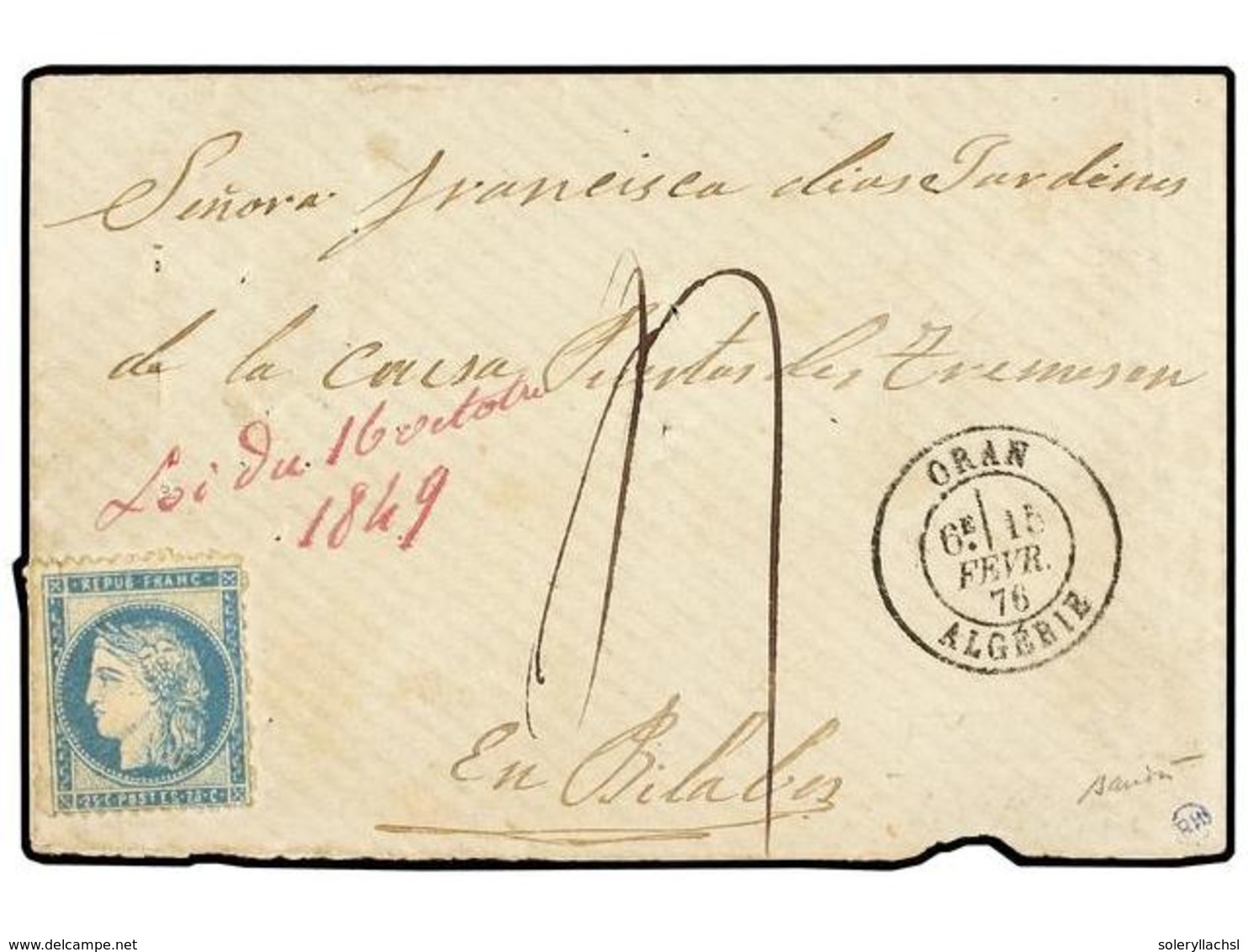 ARGELIA. 1876 (Feb. 15). Cover To SIDI BEL ABBES Franked By ORAN POSTAL FORGERY 25c. Blue (imitation Of Ceres 60), Left  - Other & Unclassified