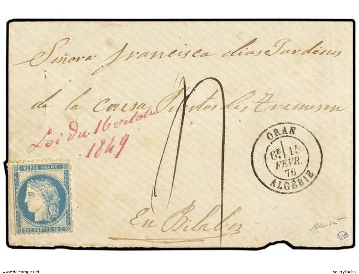 ARGELIA. 1876 (Feb. 15). Cover To SIDI BEL ABBES Franked By ORAN POSTAL FORGERY 25c. Blue (imitation Of Ceres 60), Left  - Altri & Non Classificati