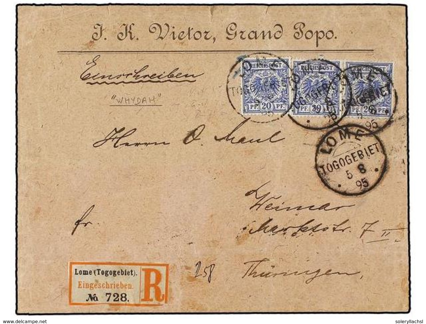 BENIN. 1895. WHYDAH. GRAND POPO To GERMANY. Cover Sent Via LOME (German Cameron) With Three German Stamps Of 20 Pf. Blue - Autres & Non Classés