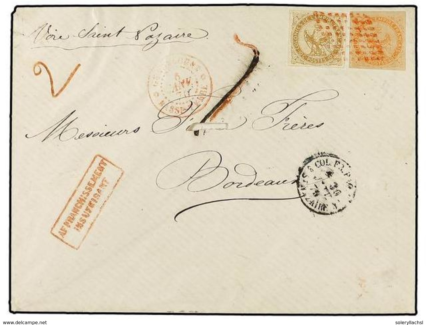 GUADALUPE. Ce.3+5. 1870 (Jan. 6). Cover To BORDEAUX Franked By General Issues 1859/65 Eagle 10c. Bistre And 40c. Vermili - Sonstige & Ohne Zuordnung