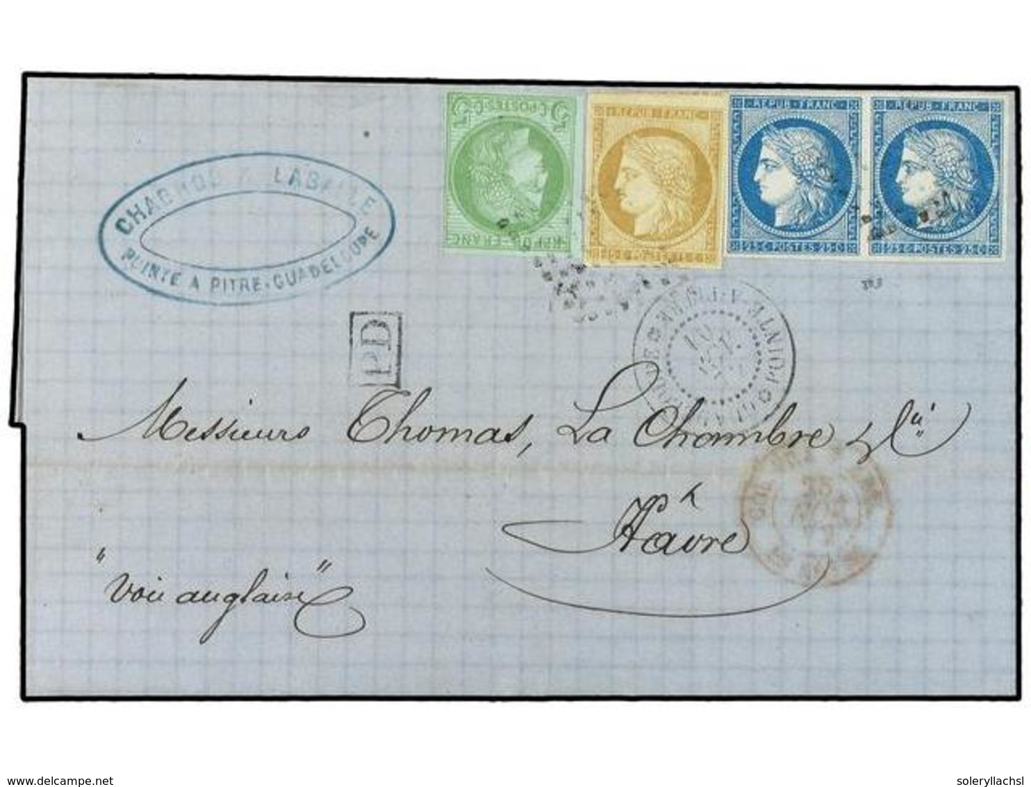 GUADALUPE. 1872 (Nov 10). Outer Letter Sheet From Pointe A Pitre To Le Havre With Three Colour Franking Of 1872-77 Imper - Sonstige & Ohne Zuordnung