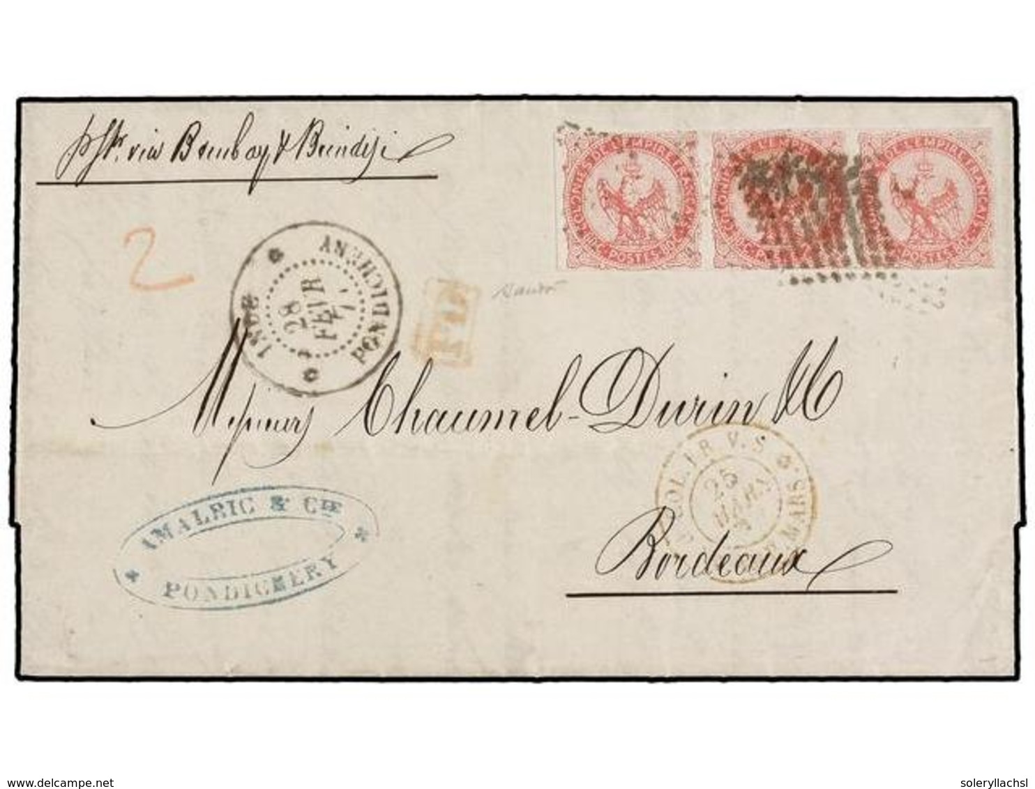 INDIA FRANCESA. 1871. PONDICHERY A FRANCA. Circulada Con Una Tira De Tres De 80 Cts. Rosa De Colonias Generales, Mat. RO - Andere & Zonder Classificatie