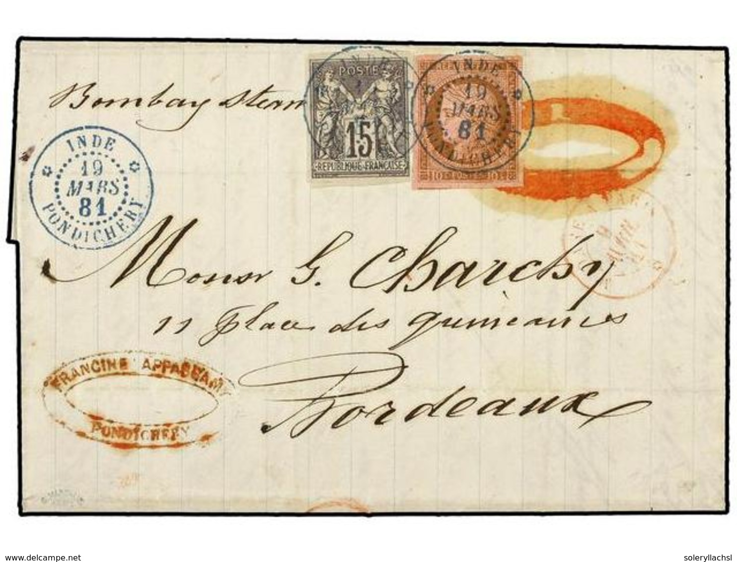 INDIA FRANCESA. Ce.18+33. 1881 (March 19). Entire Letter To BORDEAUX Franked By General Issues Mixed Franking Of 1872-77 - Other & Unclassified