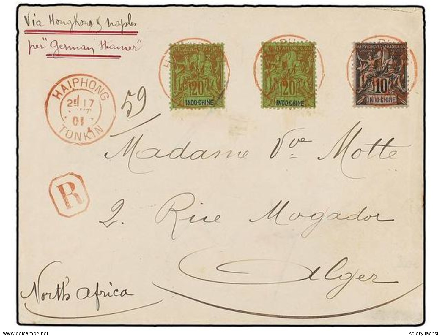 INDOCHINA FRANCESA. 1901. HAIPONG To ALGER. Registered Cover Franked With 10 Cents. And 20 Cts. (2) Tied With Red HAIPHO - Sonstige & Ohne Zuordnung