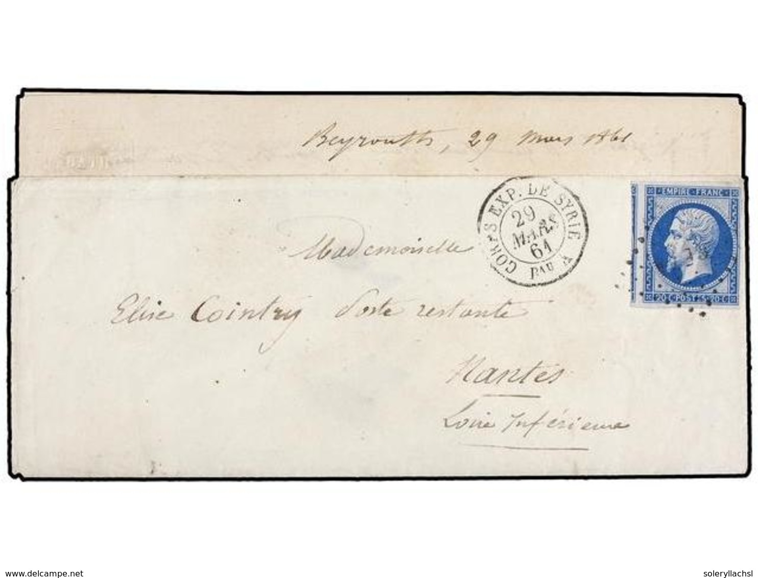 LEVANTE: CORREO FRANCES. 1861. BEYROUTH A FRANCIA. 20 Cts. Azul, Sobre Con El Texto, Mat. De Rombo De Puntos CESA Y Fech - Autres & Non Classés