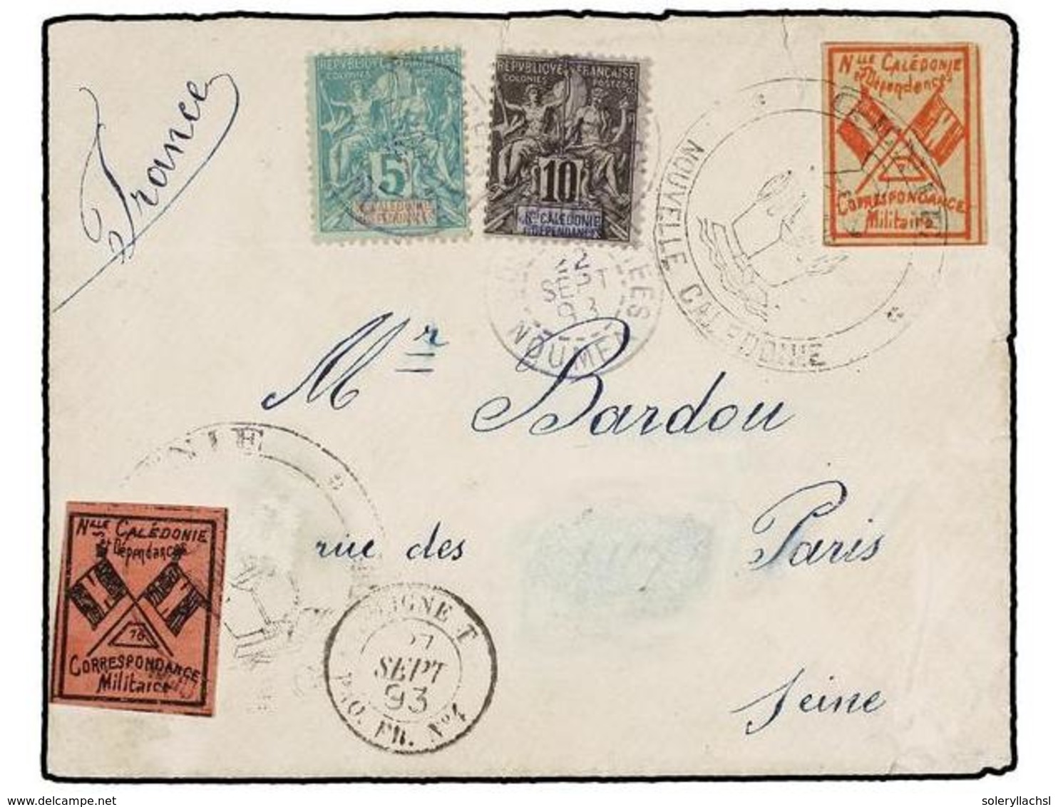 NUEVA CALEDONIA. 1893. NOUVELLE CALEDONIE To FRANCE. 5 Cts. Y 10 Cts. Y Dos Viñetas De CORRESPONDANCE/MILITARE En Colore - Autres & Non Classés