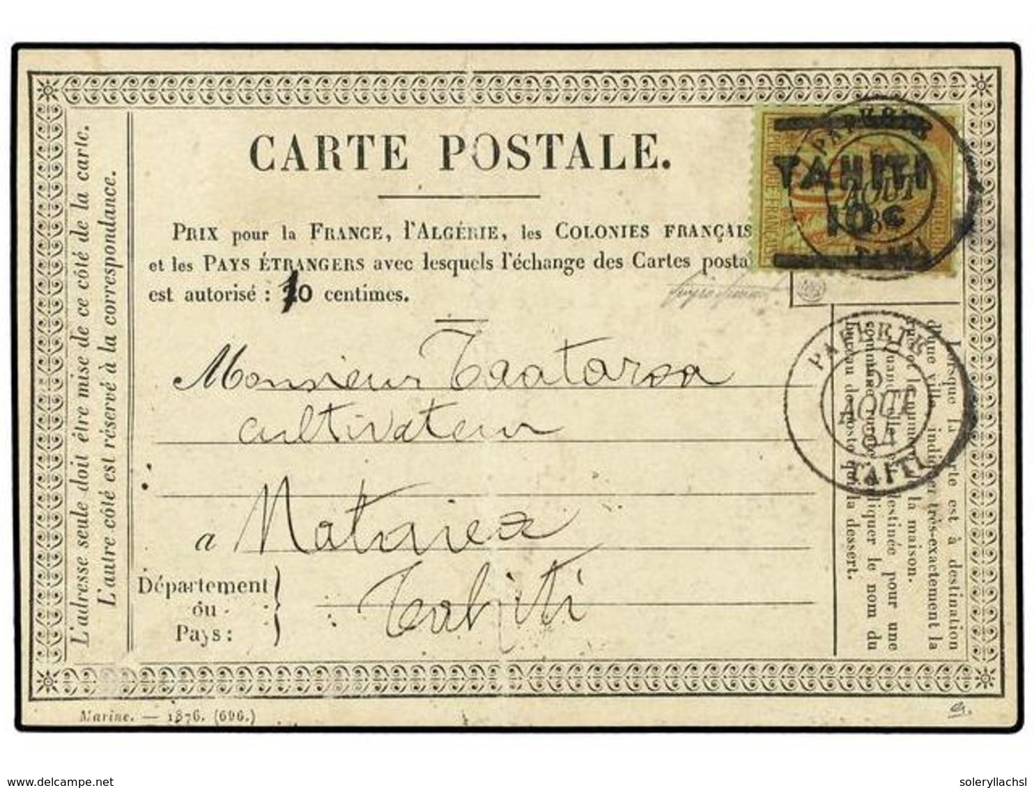 TAHITI. 1884 (Aug 5). Formula Card, Slight Vertical Bend, Used To Matirea, Tahiti Franked By 1884 Surcharged 'Tahiti/10c - Autres & Non Classés