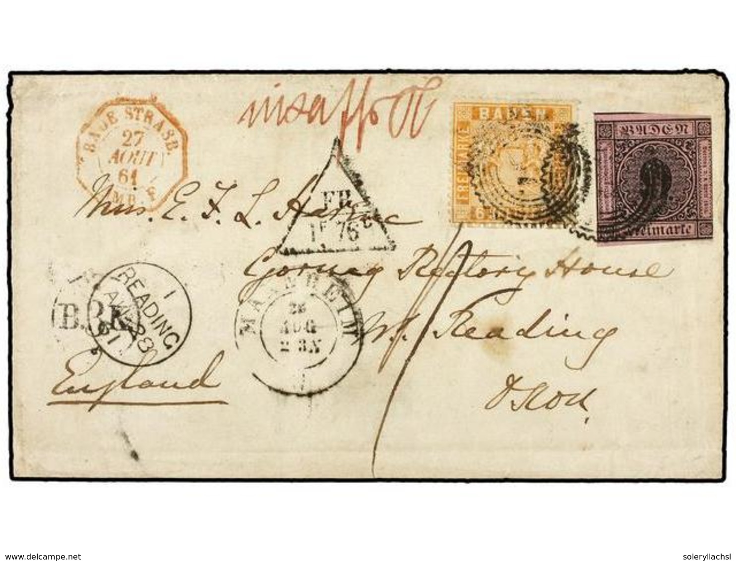 ALEMANIA ANTIGUOS ESTADOS: BADEN. 1861. Insufficient Prepaid Cover, Franked With Imperf. 9 Kr. On Rose, Plus Perf. 6 Kr. - Other & Unclassified