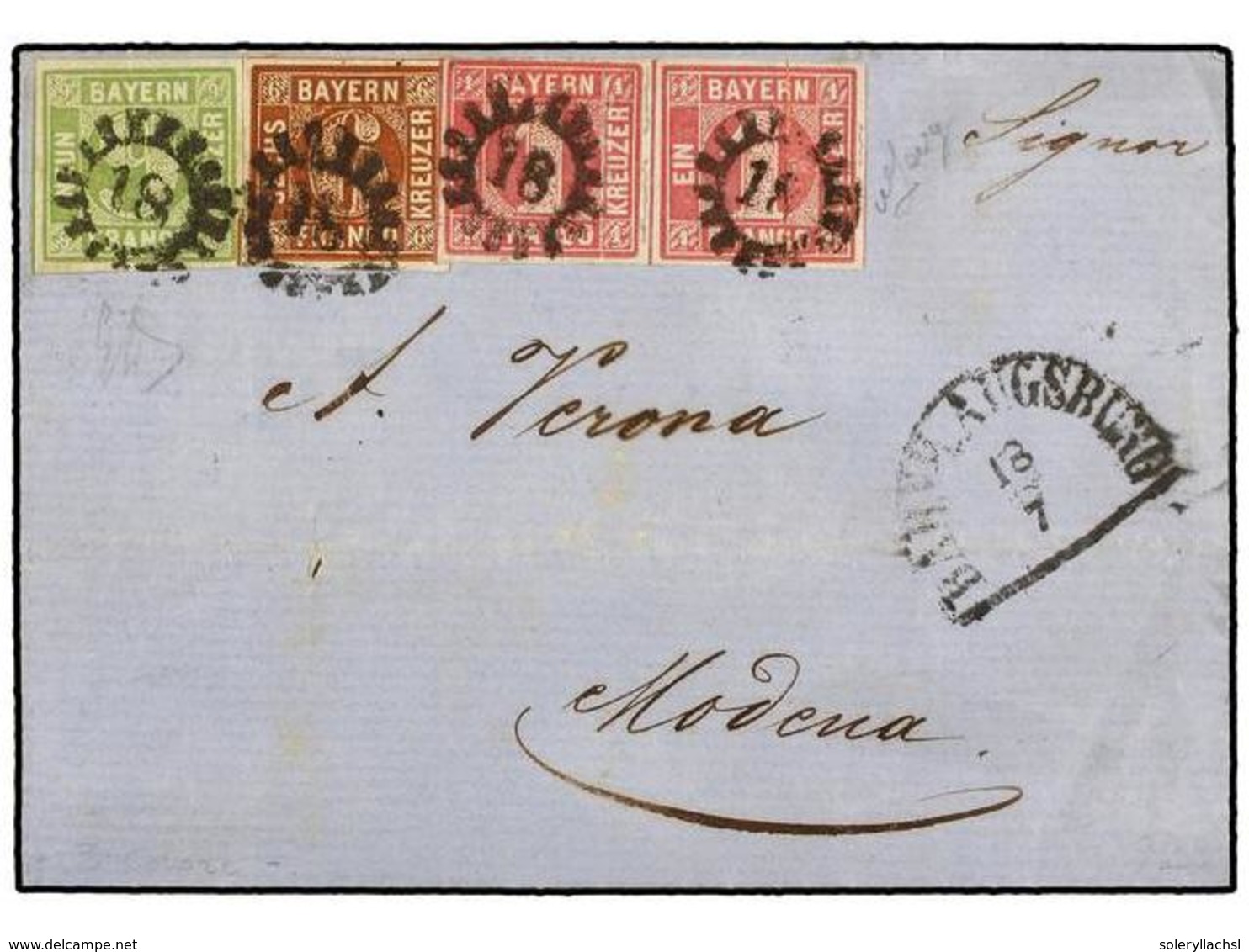 ALEMANIA ANTIGUOS ESTADOS: BAVIERA. 1856. AUGSBURG To MODENA (Italian States). 1 Kr. Rose (2), 6 Kr. Brown And 9 Kr. Gre - Sonstige & Ohne Zuordnung