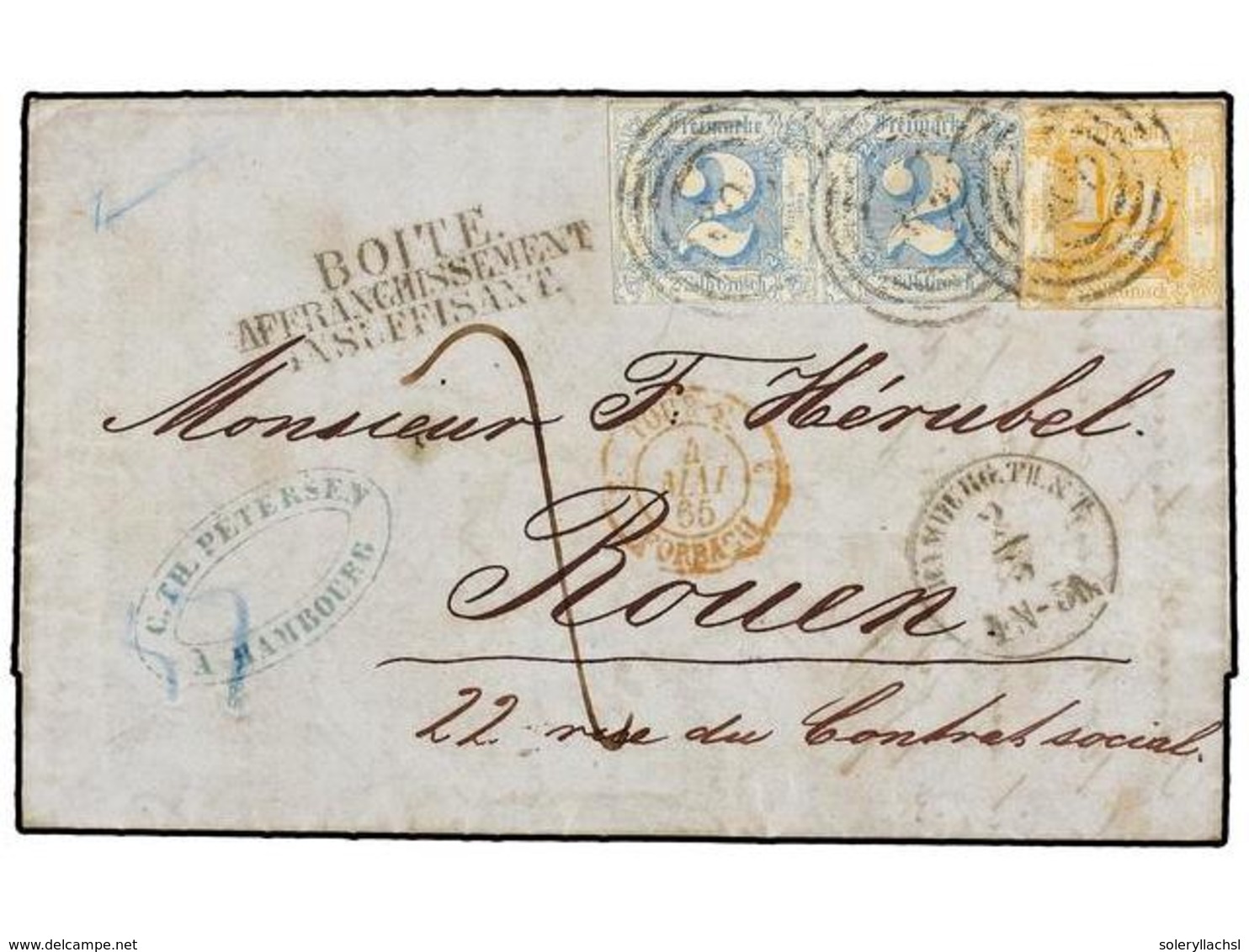 ALEMANIA ANTIGUOS ESTADOS: TOUR Y TAXIS. 1865. HAMBOURG To FRANCE. 1/2 Silgr. Yellow And Two 2 Silgr. Blue. Taxed On Arr - Sonstige & Ohne Zuordnung