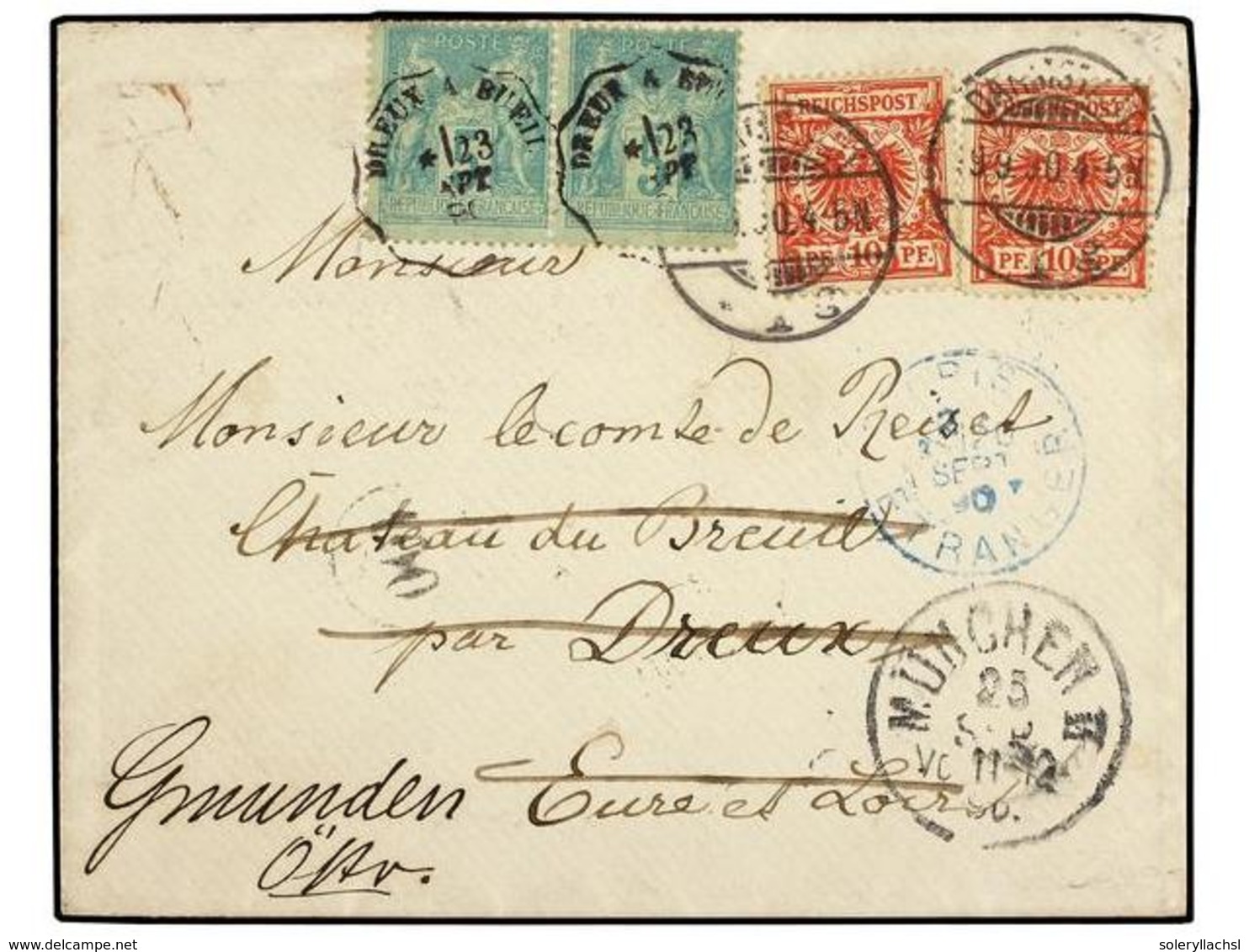 ALEMANIA. 1890 (Sept 9). Cover To FRANCE Franked By 1888 2 X 10 Pf. Carmine Tied By DARMSTADT Cds's, Readdressed On Arri - Sonstige & Ohne Zuordnung