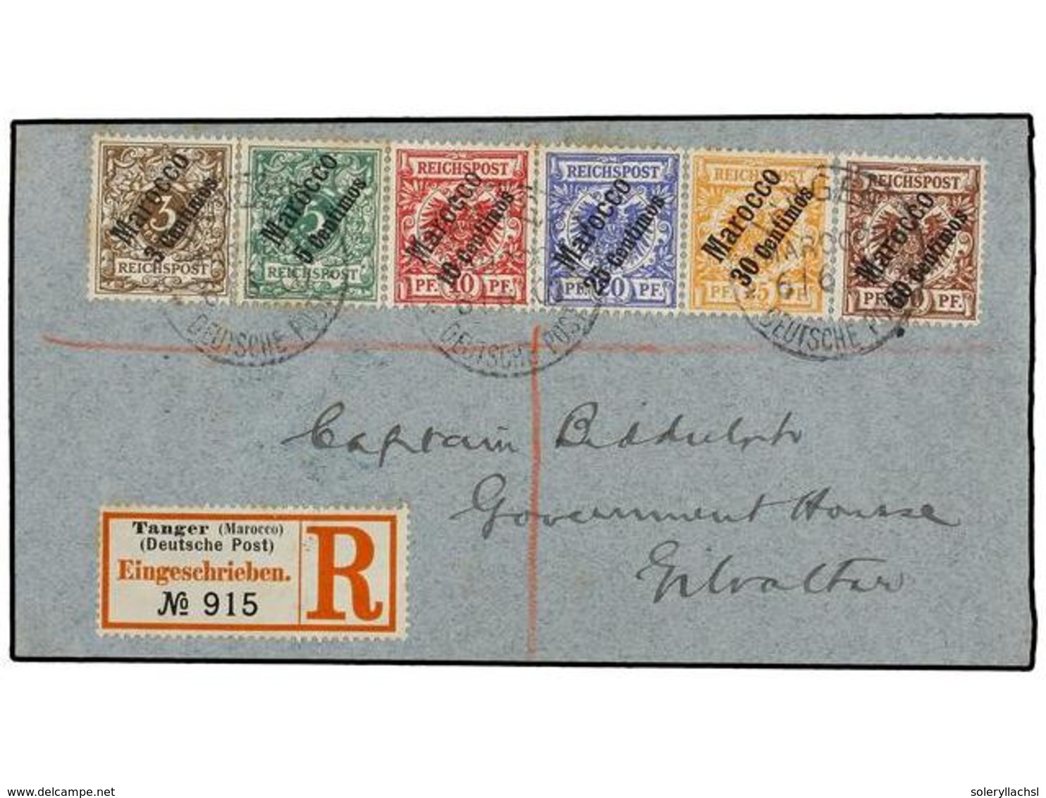 COLONIAS ALEMANAS. 1900. TANGER A GIBRALTAR. Serie Completa En Carta Certificada. Muy Bonita, Al Dorso Llegada. - Sonstige & Ohne Zuordnung