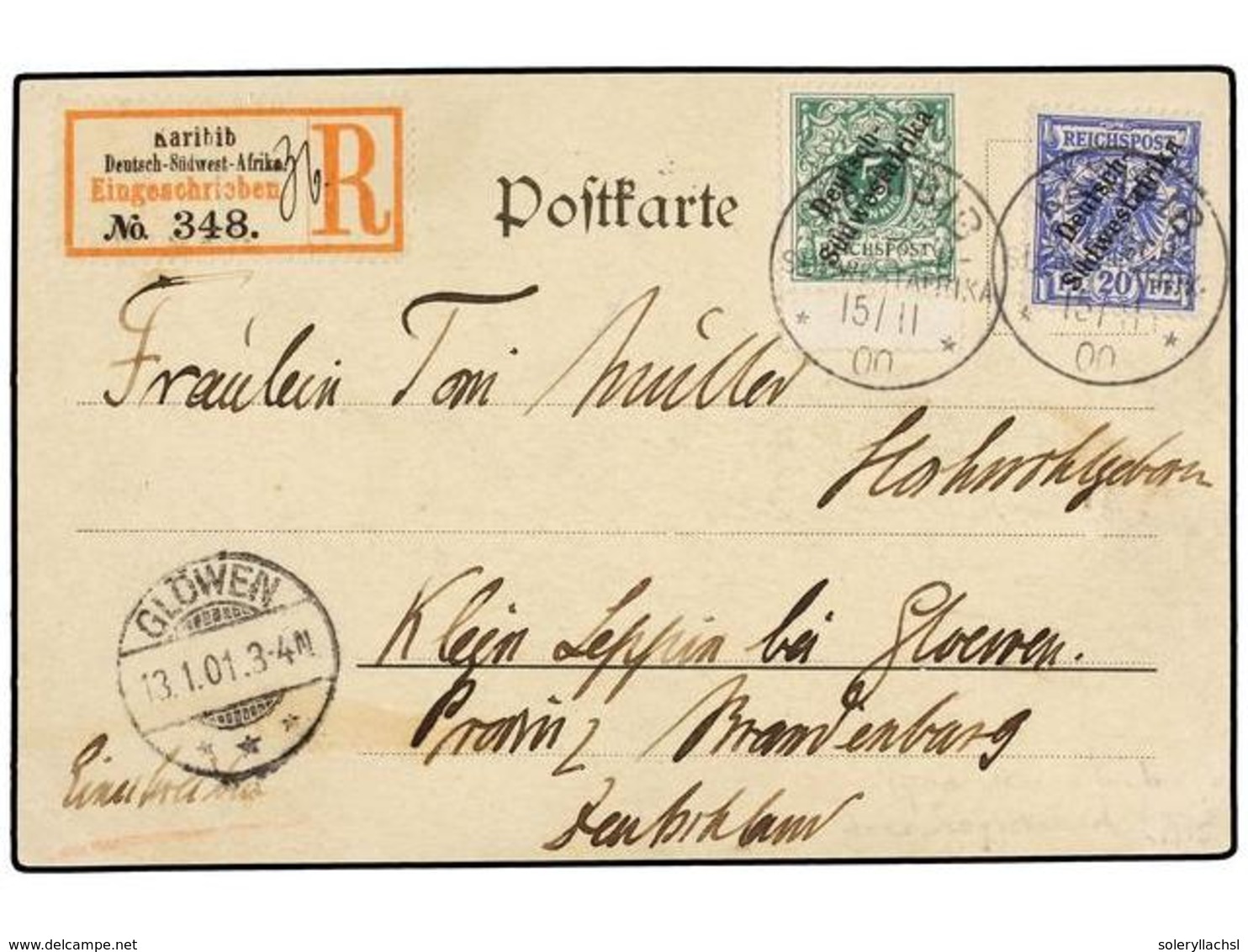 AFRICA DEL SUDOESTE ALEMANA. 1901. KARIBIB To GERMANY. Postcard Franked With 5 Pf. Green And 20 Pf. Blue Sent. Registere - Andere & Zonder Classificatie