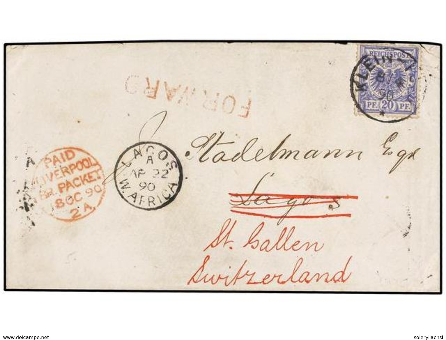 TOGO. 1890. KLEIN-POPO To LAGOS. Envelope Bearing German 20pf. Blue Tied KLEIN-POPO Redirected To SWITZERLAND With LAGOS - Altri & Non Classificati