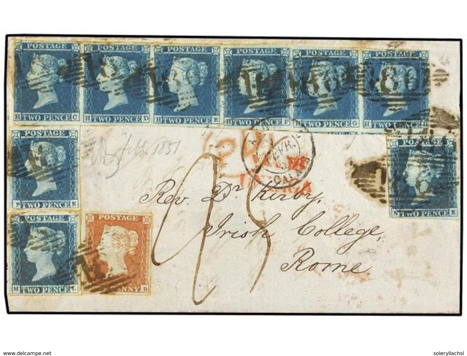 GRAN BRETAÑA. 1851 (February 5). Cover From DUBLIN To ROME. Rate 1/7d For 1/4 Oz, Paid Single, Route Via France. Frankin - Autres & Non Classés