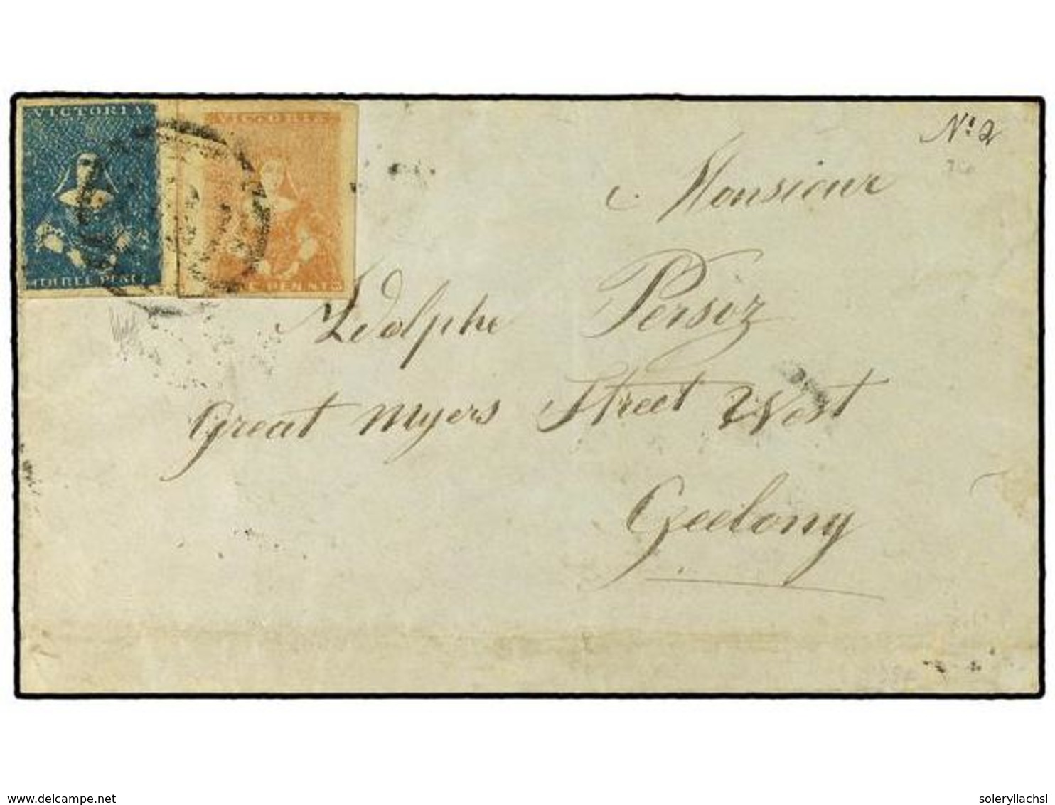 AUSTRALIA. 1856. Cover To GEELONG With Fine Campbell Ferguson Printing 1 D. Dull Red And 3 D. Prussian Blue Tied Beechwo - Autres & Non Classés