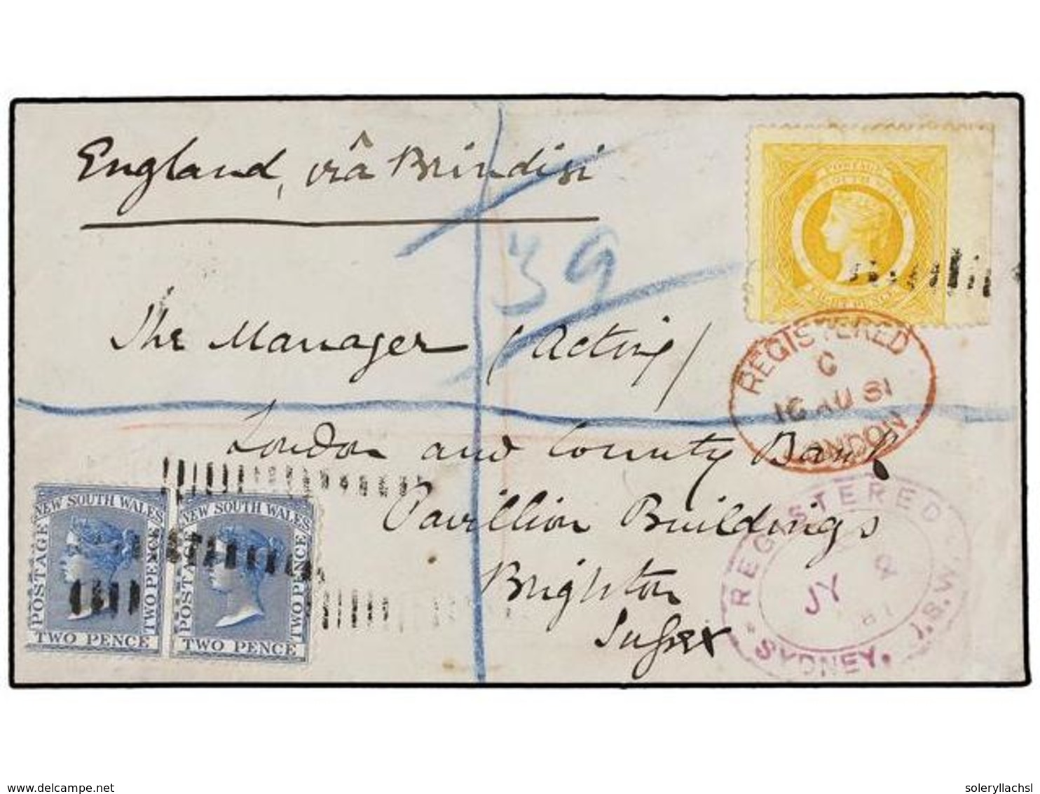 AUSTRALIA. 1881. SYDNEY To ENGLAND. Registered Envelope Franked With 2d. Blue (2) And 8d. Orange. Nice Franking, Arrival - Sonstige & Ohne Zuordnung