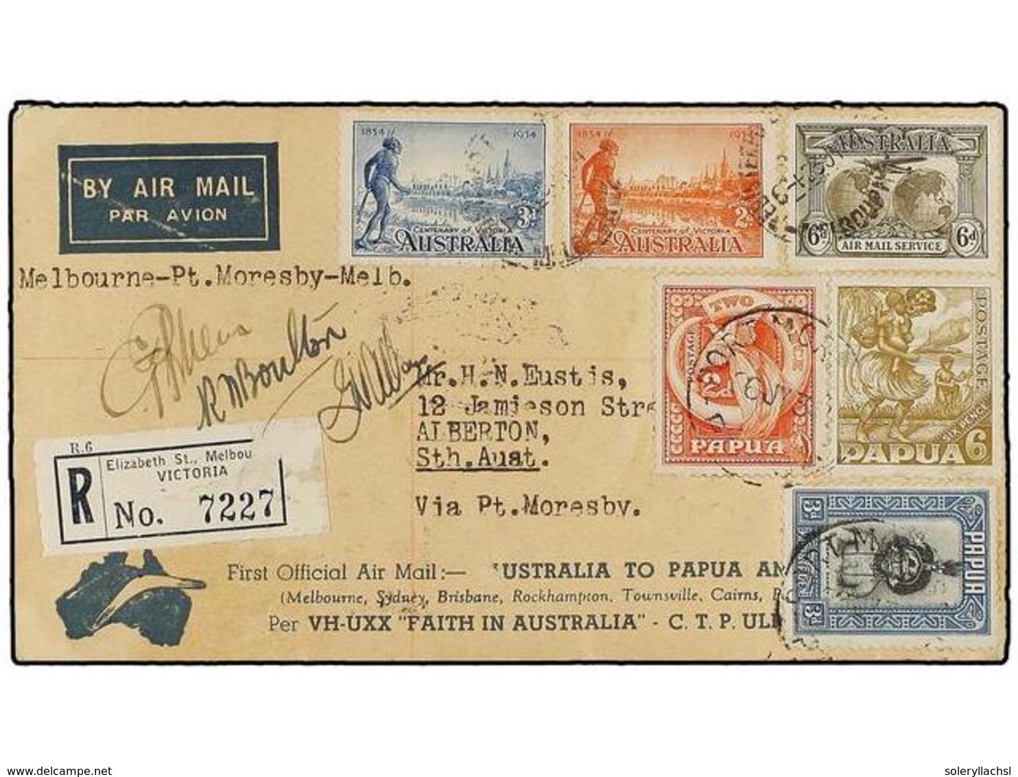 AUSTRALIA. 1934 (July 23). MELBOURNE To ALBERTON. AIR MAIL Cover Sent Via PORT MOREBY (Papua) Mixed Franking AUSTRALIA+P - Altri & Non Classificati