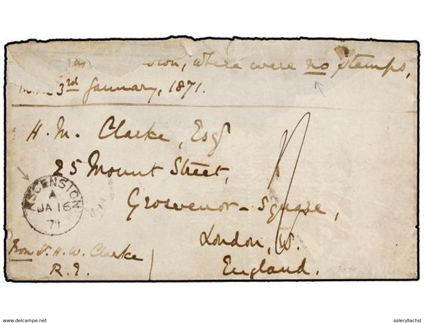 ASCENSION. 1871. ASCENSION To ENGLAND. Envelope Without Contens, Manuscript 'No Stamps'. Fine ASCENSION Cds. Cover Fault - Sonstige & Ohne Zuordnung