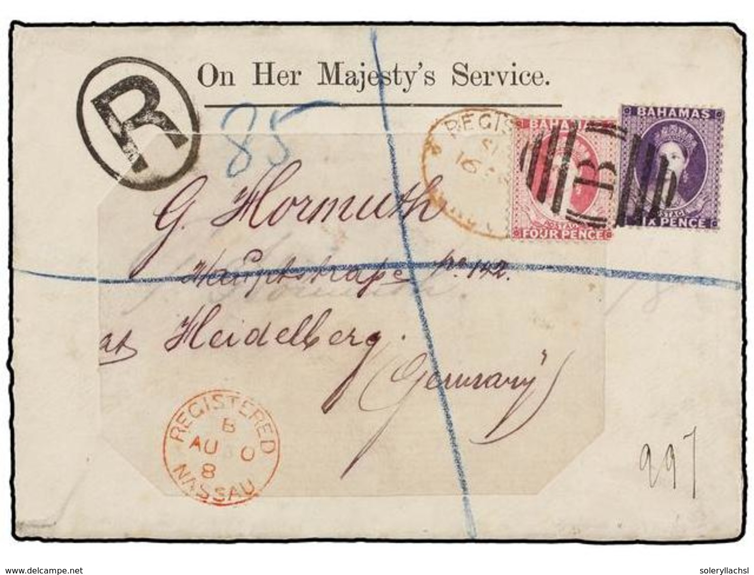 BAHAMAS. 1889. On Her Majesty's Service Registered Cover To HEIDELBURG (Germany), Franked 1863-80 6d. And 1882 4d. Cance - Andere & Zonder Classificatie