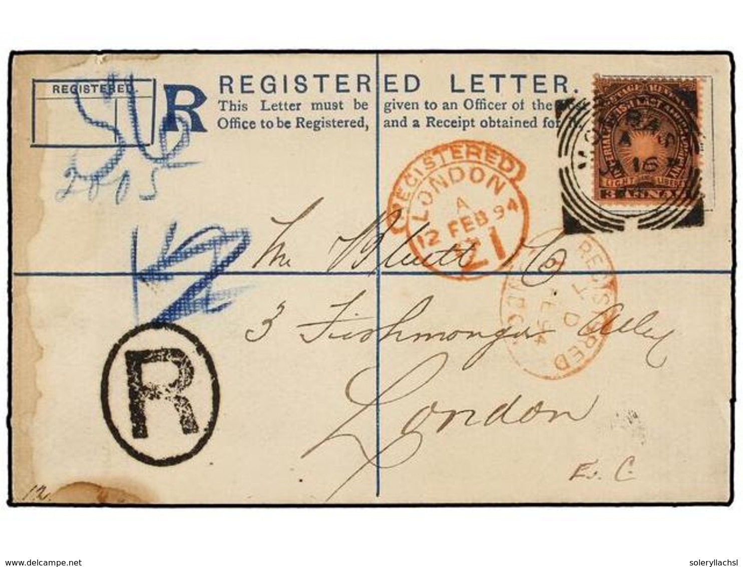 AFRICA ORIENTAL BRITANICA. 1894. MOMBASA To LONDON. Registered Blue 2 Annas Envelope Uprated With 3 Annas Stamp. - Altri & Non Classificati