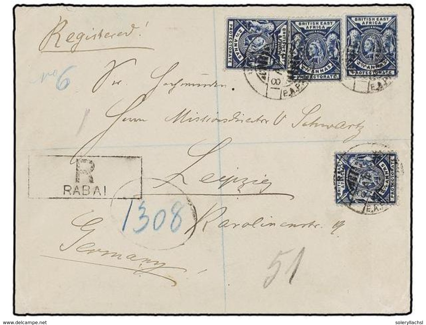 AFRICA ORIENTAL BRITANICA. 1900. RABAI To GERMANY. Registered Cover Franked With Four 2 1/2 A. Blue. Mombasa Transit And - Andere & Zonder Classificatie