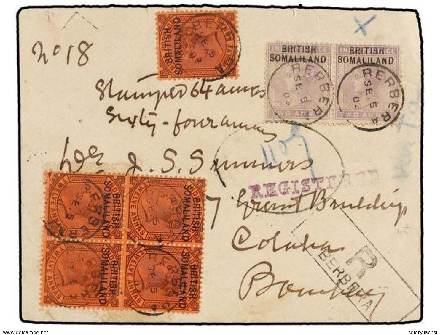 SOMALILAND. 1903. BERBERA To BOMBAY (India). Registered Envelope Franked With 2 An. (2) And 12 An. (5). FINE And RARE. - Sonstige & Ohne Zuordnung