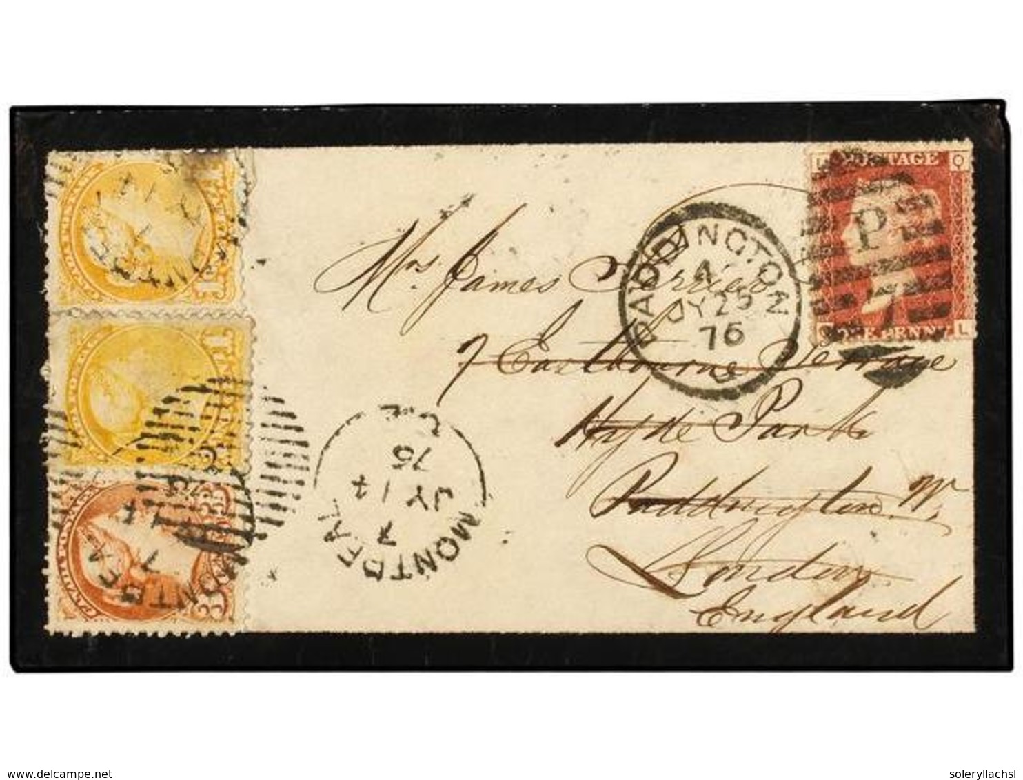 CANADA. Sg.73, 74, 82. 1876. MONTREAL  To LONDON. Mourning Small Envelope, Franked With 1 Cent. Orange Yellow, 1 Cent. P - Altri & Non Classificati