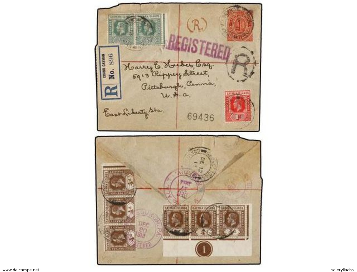 CAIMANES. 1913. GRAN CAYMAN To U.S.A. 1 D. Postal Stationary Envelope Registered Uprated With 1/2 D. (2) And 1 D. Plus 1 - Other & Unclassified