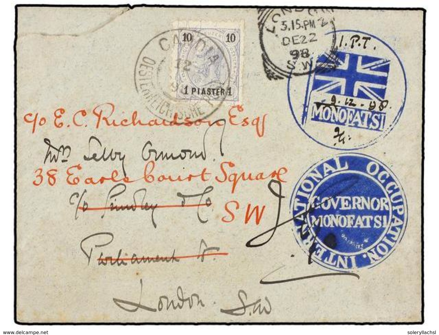 CRETA. 1898. CANDIA To LONDON. Envelope Franked With Austrian 1 Pi On 10 Heller Grey Stamp Tied CANDIA/OSTERREICHSCHE An - Autres & Non Classés