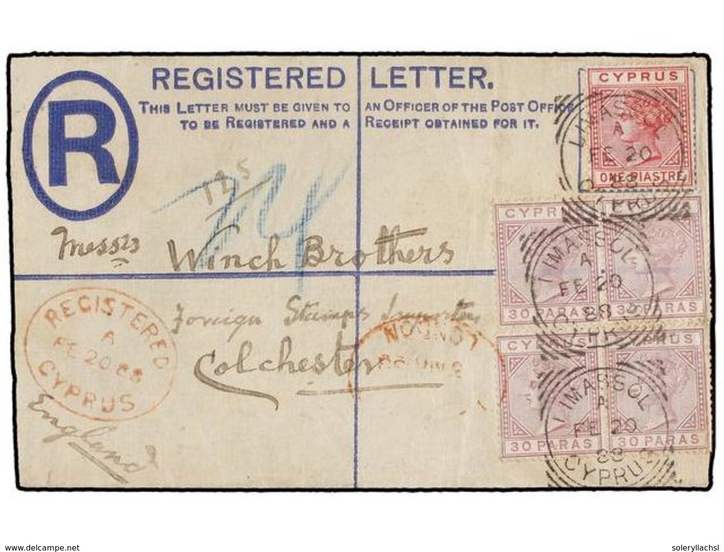 CHIPRE. 1888. LIMASSOL To GREAT BRITAIN. Two Piastras Registered Stationery Envelope Uprated Two 30pa. Pairs And 1pi. Ar - Altri & Non Classificati