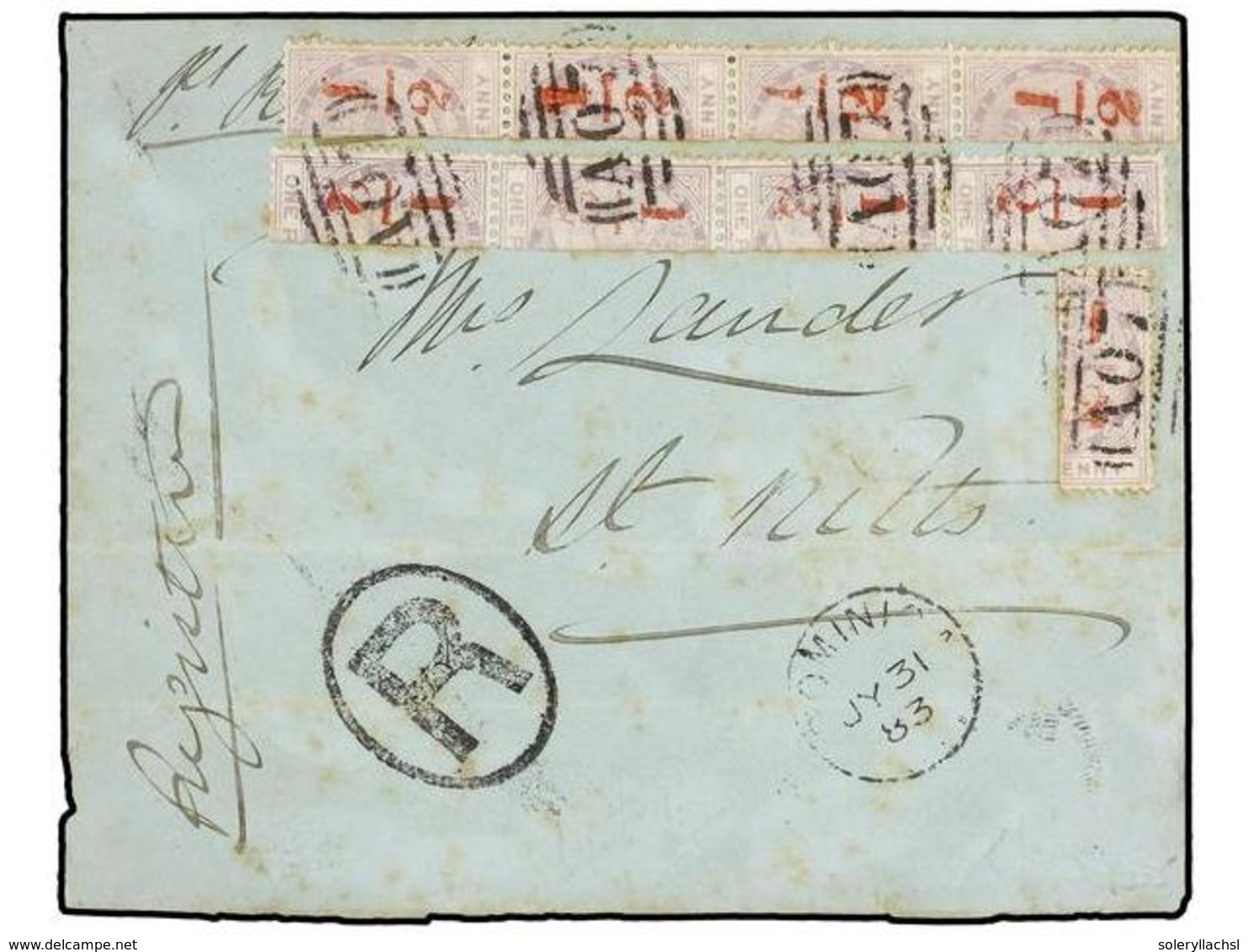 DOMINICA. 1883. DOMINICA To ST. KITTS. Registered Envelope Franked With Nine Bisected 1/2 On 1 D. Lilac Stamps. Some Age - Altri & Non Classificati