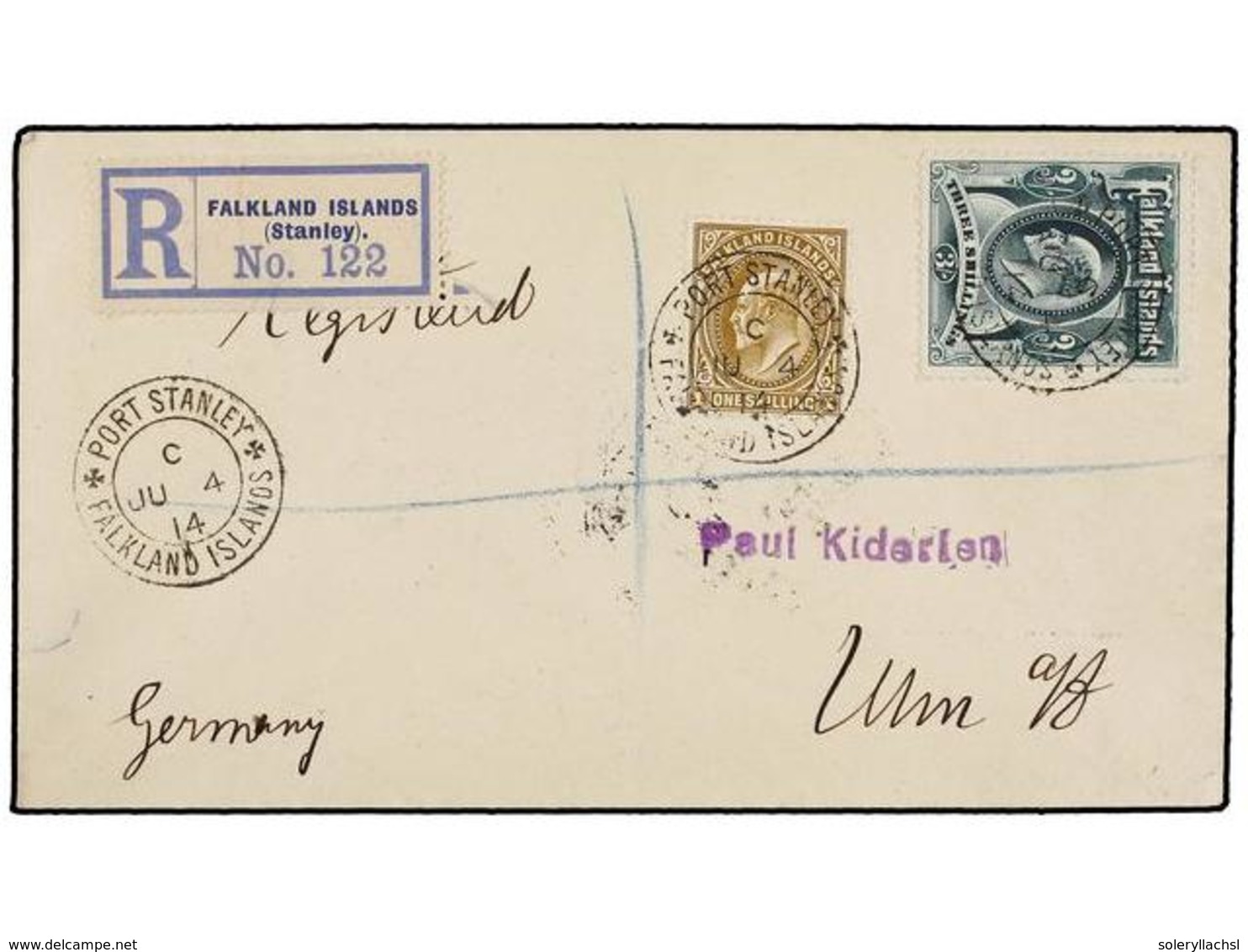 FALKLAND. 1914. PORT STANLEY To GERMANY. Registered Cover Franked With 1 Sh. Ocre And 3 Sh. Green, Arrival On Reverse. - Andere & Zonder Classificatie