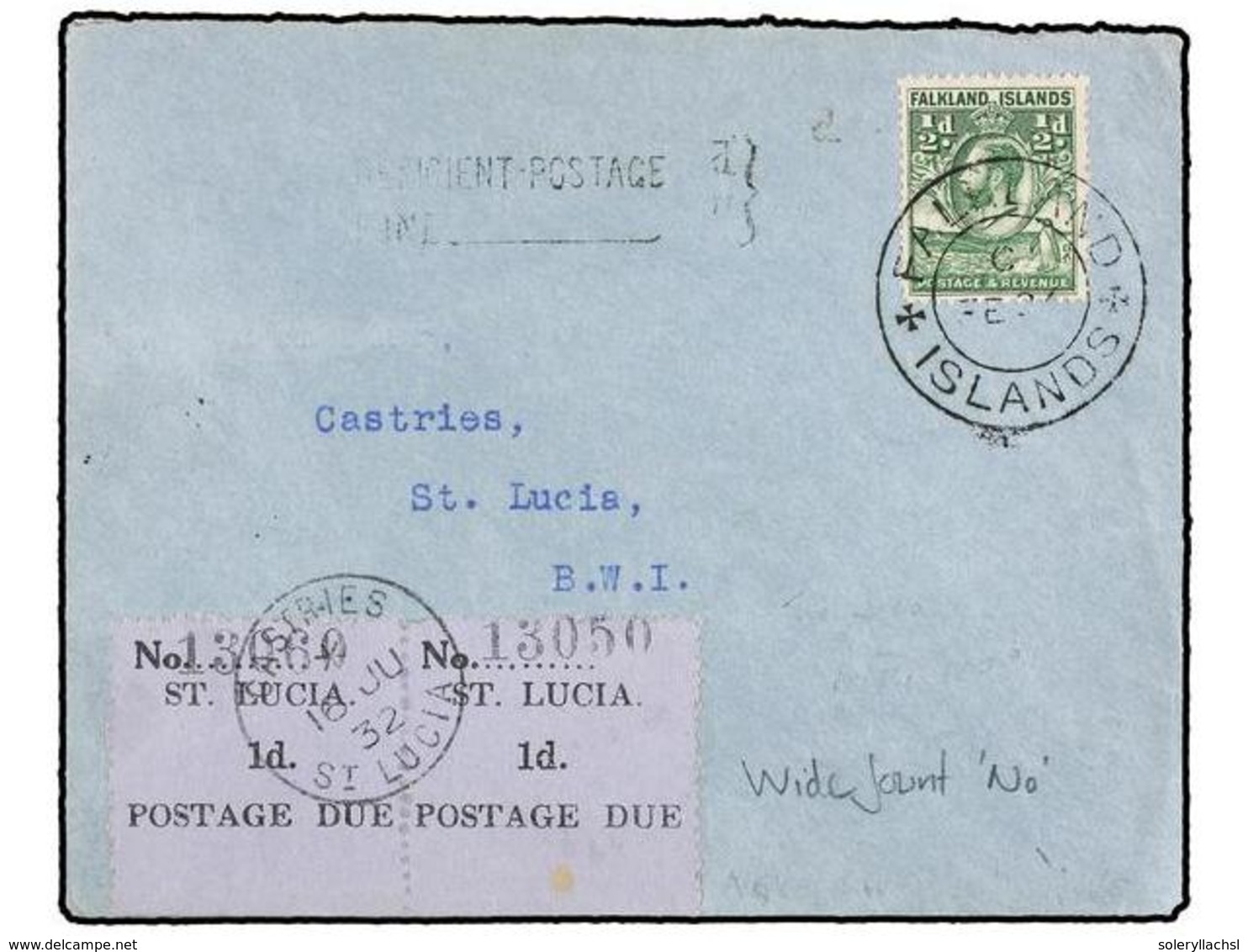 FALKLAND. 1932. FALKLAND To ST. LUCIA. 1/2 D. Green Taxed And Arrival With Two 1 D. St. Lucia Postage Due. - Altri & Non Classificati