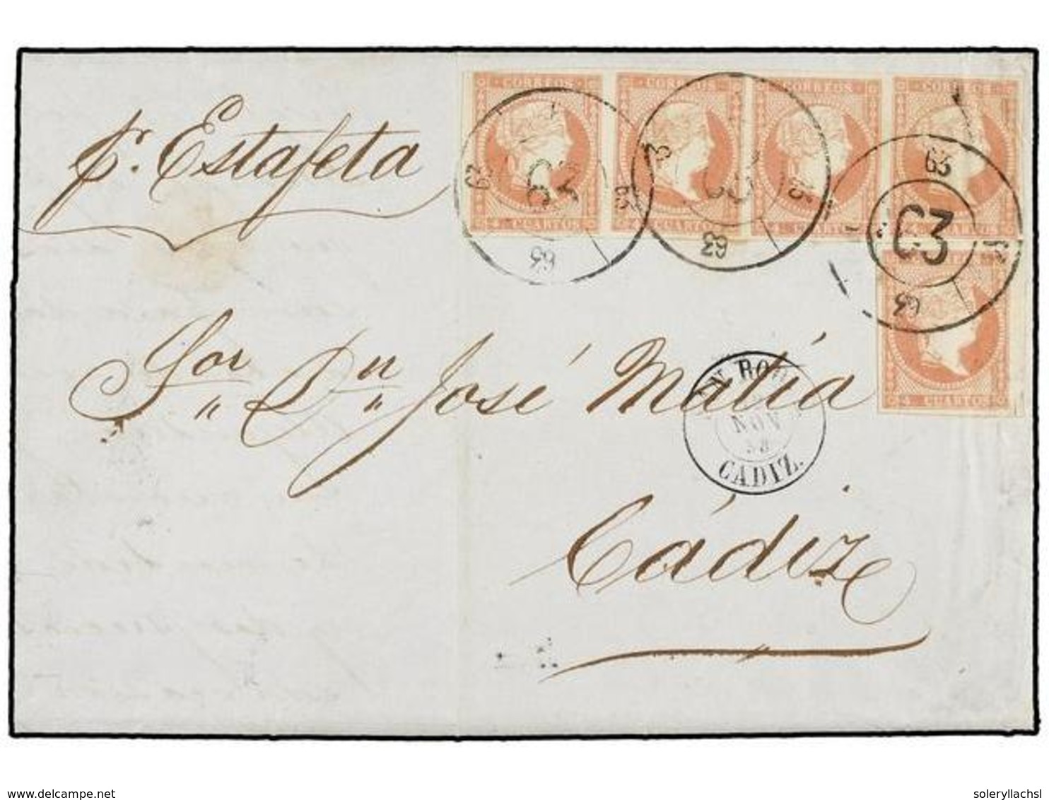 ESPAÑA. Ed.48 (5). 1858. GIBRALTAR A CÁDIZ. 4 Cuartos Rojo (5). Mat. R.C. 63 De San Roque. Precioso Y MUY RARO Franqueo. - Sonstige & Ohne Zuordnung