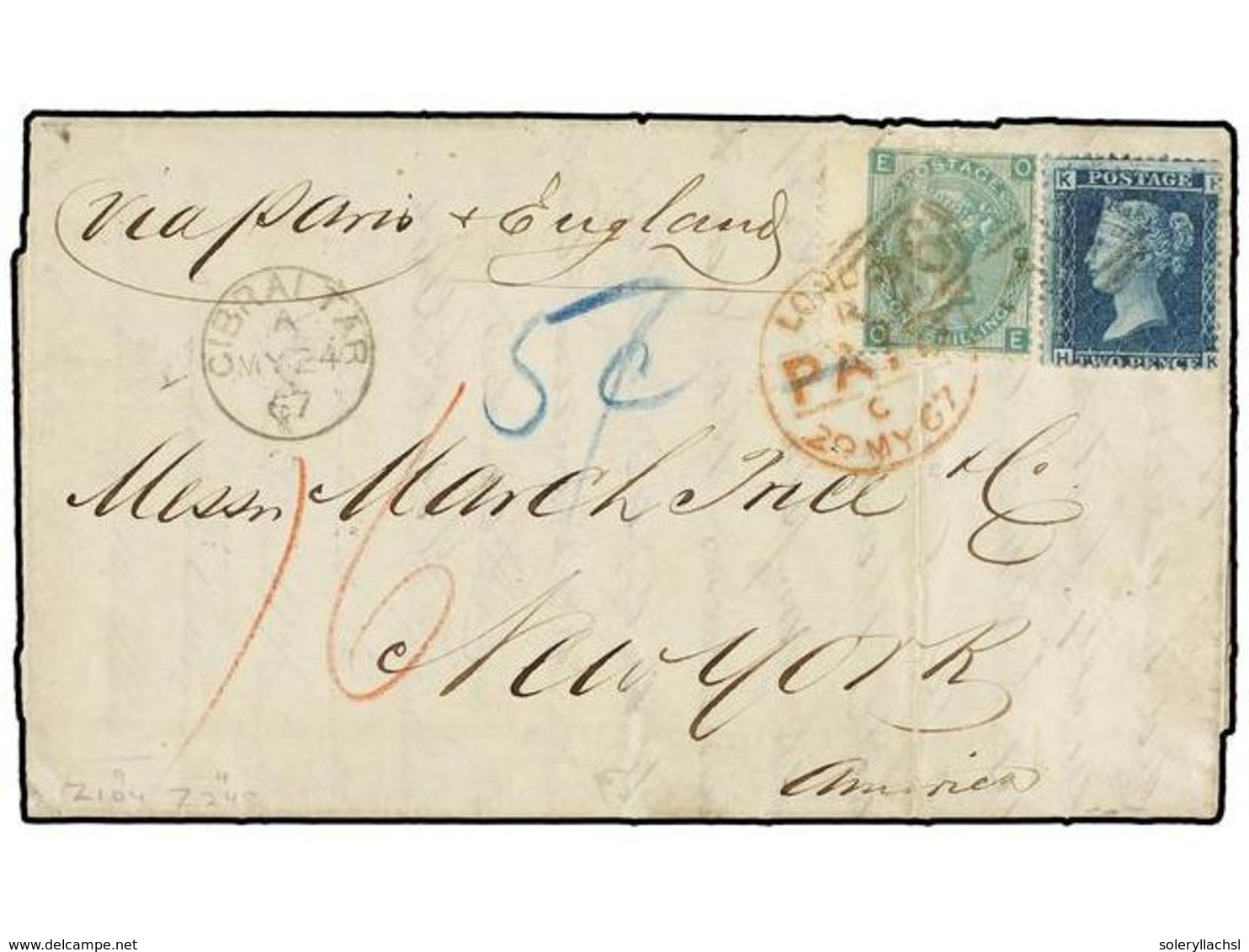 GIBRALTAR. 1867. GIBRALTAR To NEW YORK. Entire Letter (faults) Franked With GB 2 D. Blue And 1 Sh. Green (pl. 4) Cancell - Sonstige & Ohne Zuordnung