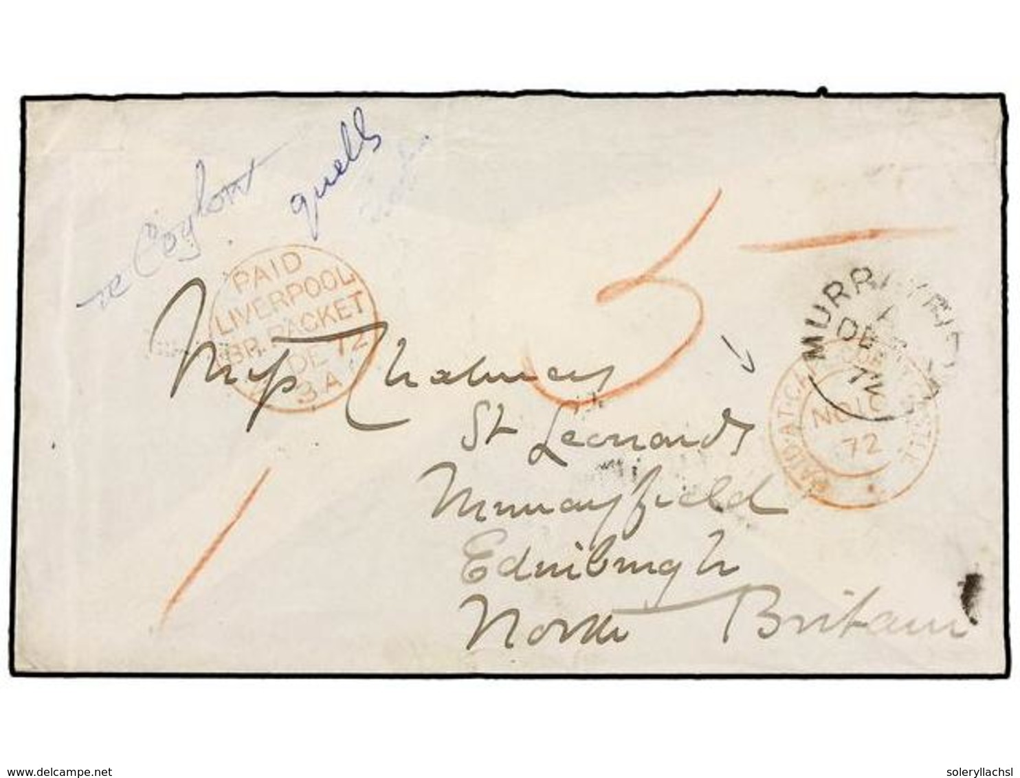 COSTA DE ORO. 1872 (Nov 10). Envelope, Crested 'Spero' On Reverse, Addressed From Cape Coast Castle To Edinburgh By D. P - Sonstige & Ohne Zuordnung