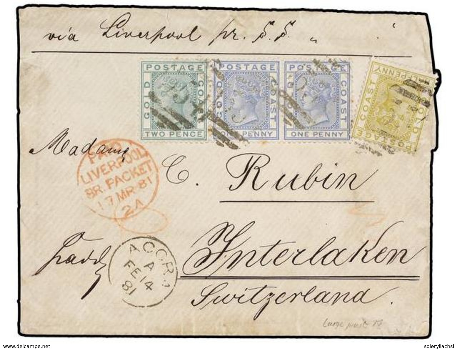 COSTA DE ORO. 1881. ACCRA To SWITZERLAND. Envelope Franked With 1/2 D. Olive, 1 D. Blue (2) And 2 D. Green. Part Of Reve - Andere & Zonder Classificatie