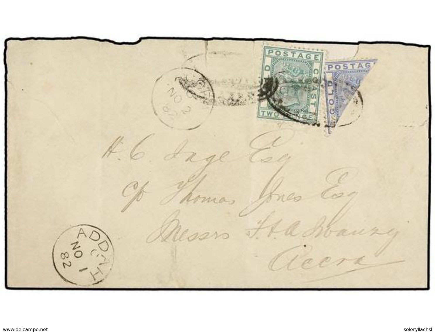 COSTA DE ORO. Sg.5a, 6. 1884. Envelope To ACCRA Franked With 1876-84 2 D. Green And Diagonally Bisected 1 D. Blue, Wmk C - Sonstige & Ohne Zuordnung